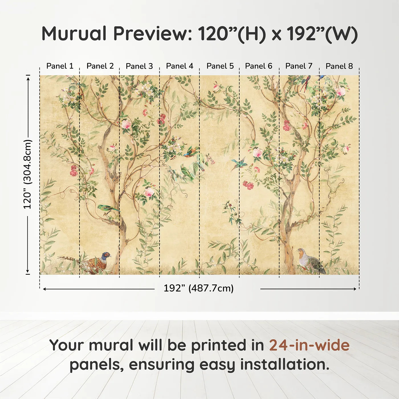 Whimsy Tots Golden Chinoiserie Garden Wall Muraldimension view (120" H x 192" W). Printed in eight 24-inch-wide panels. Gender-Neutral