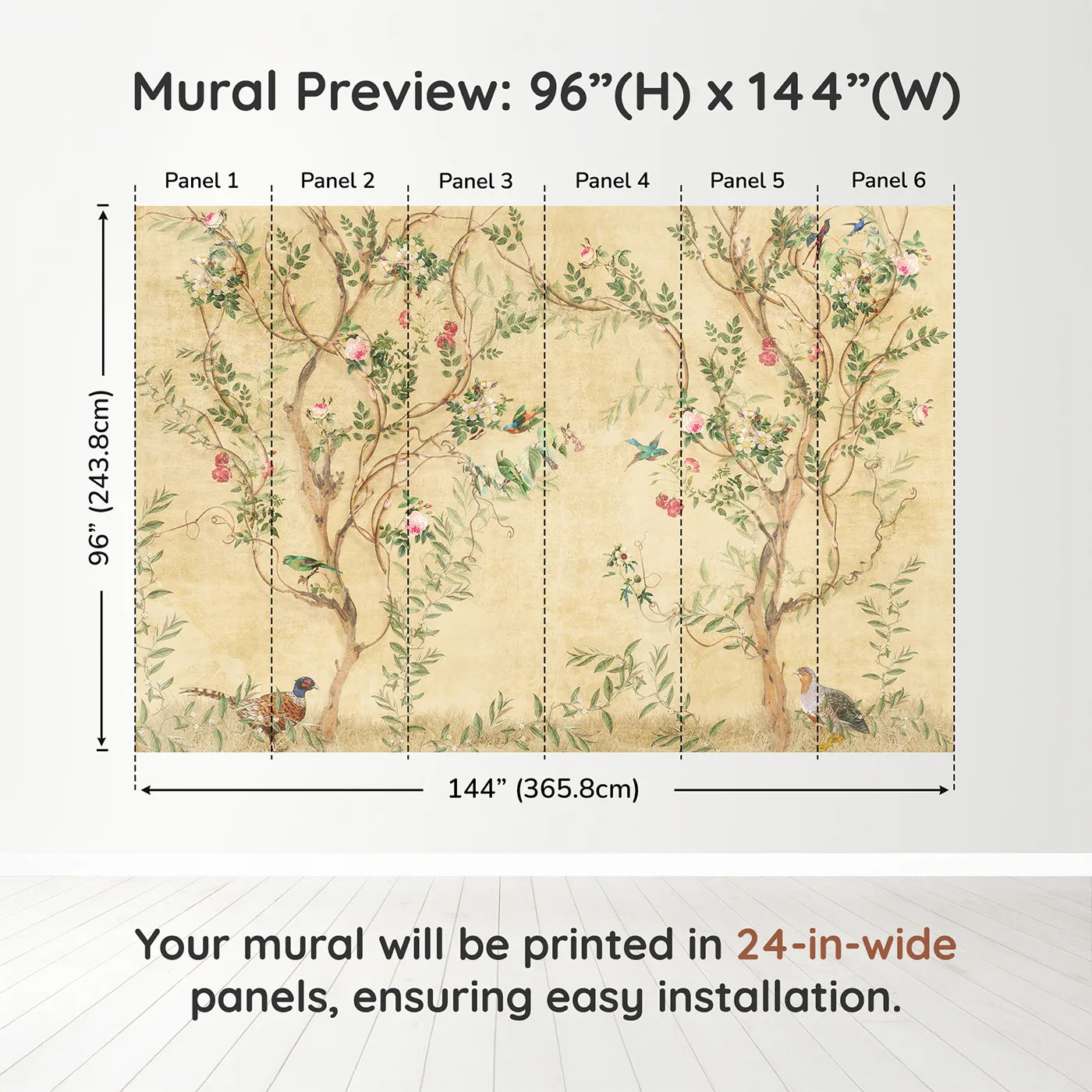 Whimsy Tots Golden Chinoiserie Garden Wall Muraldimension view (96" H x 144" W). Printed in six 24-inch-wide panels. Gender-Neutral