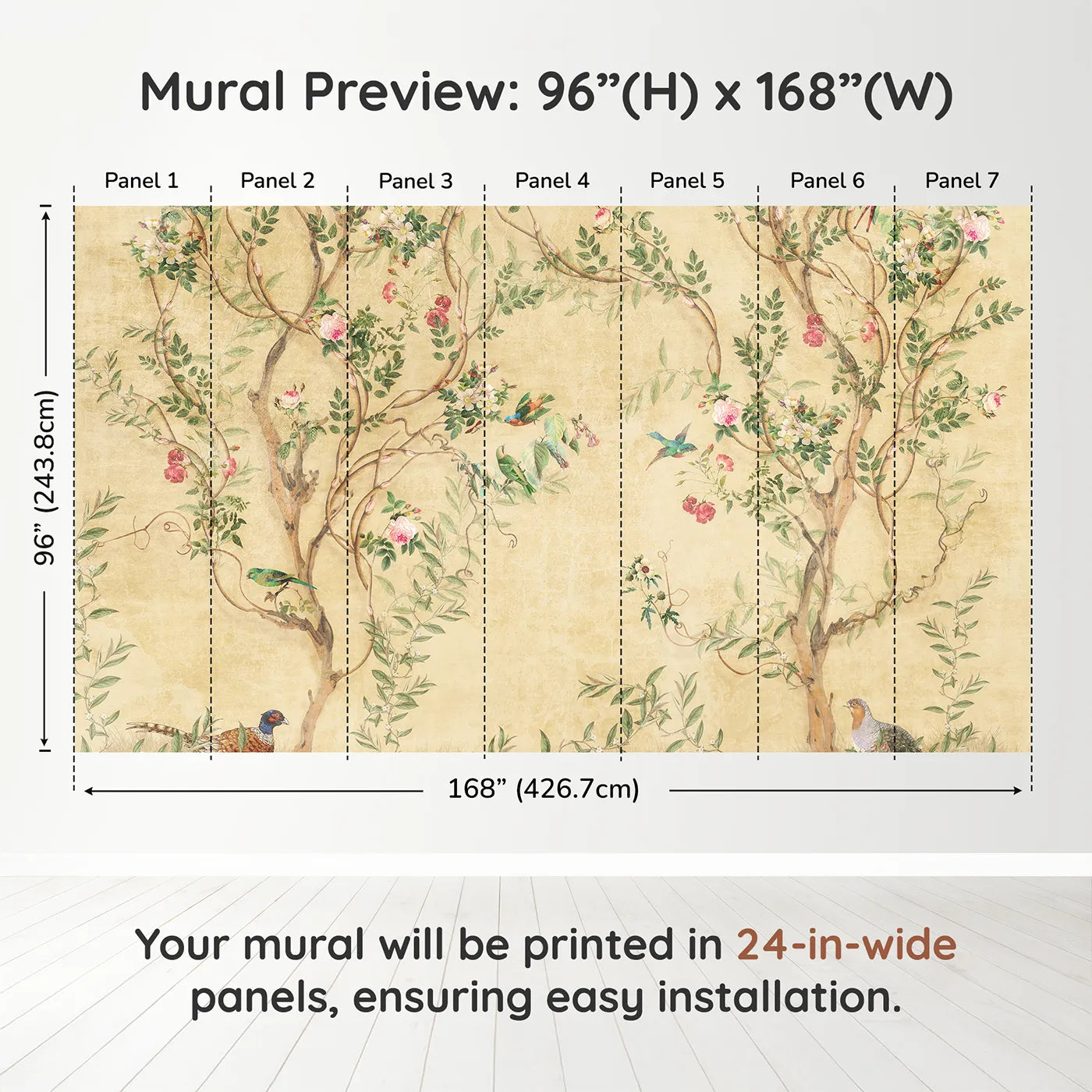 Whimsy Tots Golden Chinoiserie Garden Wall Muraldimension view (96" H x 168" W). Printed in seven 24-inch-wide panels. Gender-Neutral