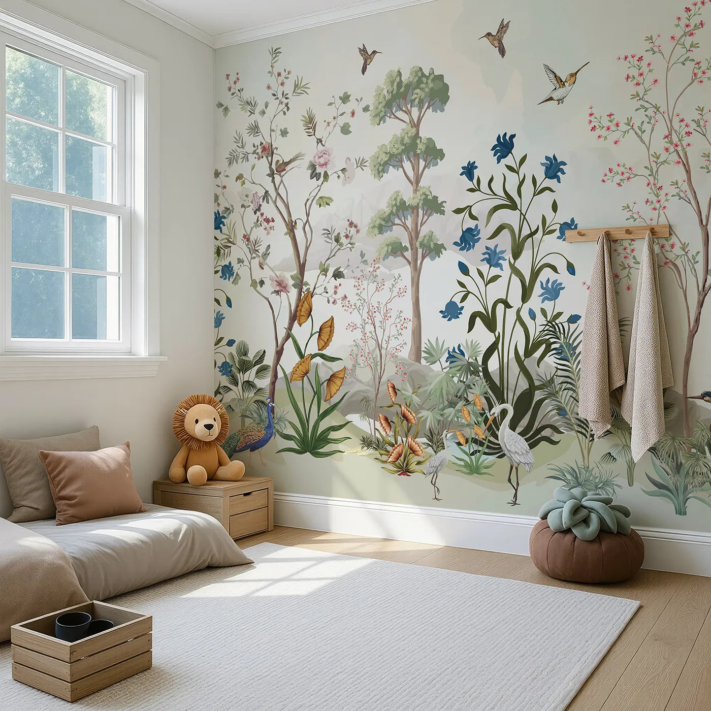 Angled view of Whimsy Tots' Exotic Bird Garden Panorama Wall Mural (Turn Their Room into a Lush, Hand-Painted Paradise).Gender-Neutral