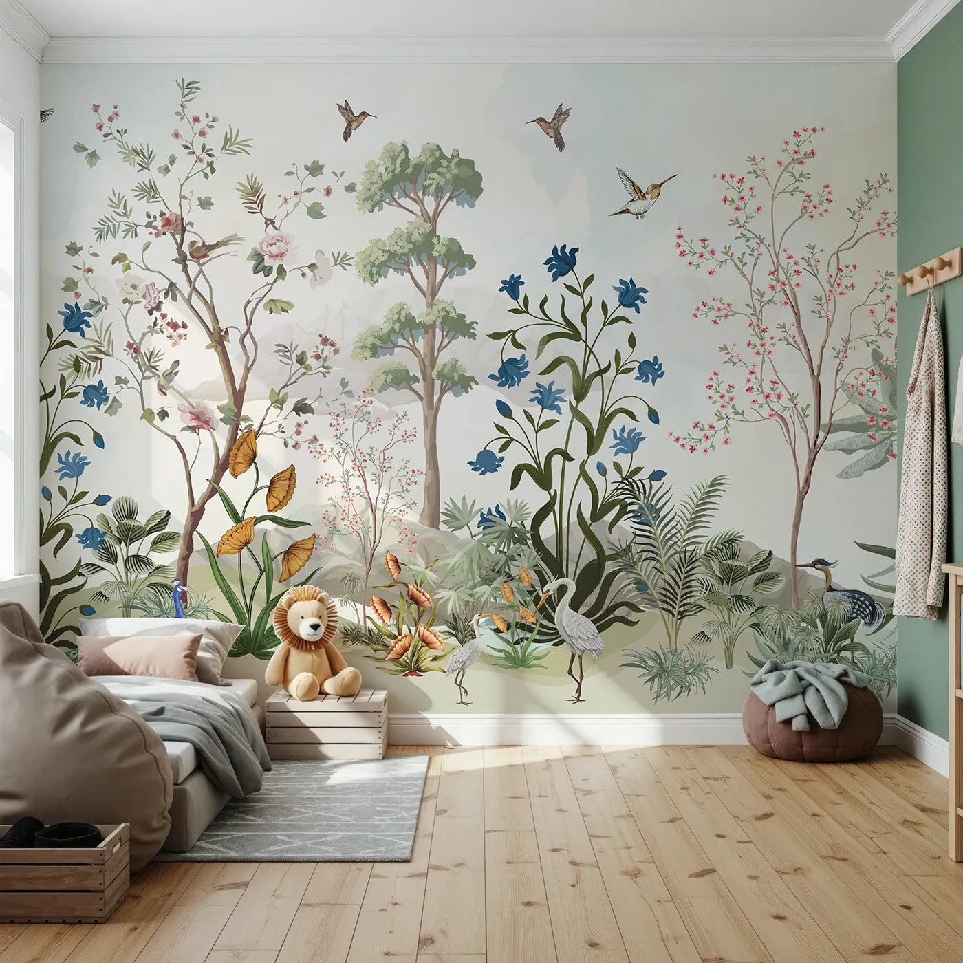 Front view of Whimsy Tots' Exotic Bird Garden Panorama Wall Mural