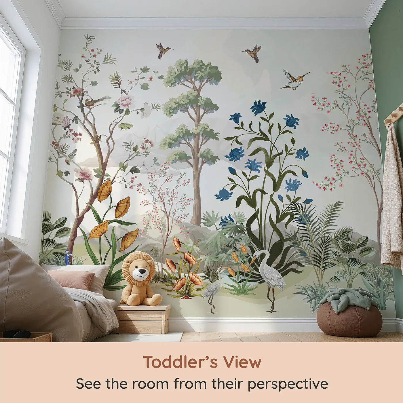 Whimsy Tots Exotic Bird Garden Panorama Wall Mural (Turn Their Room into a Lush, Hand-Painted Paradise) from your child's view.Gender-Neutral