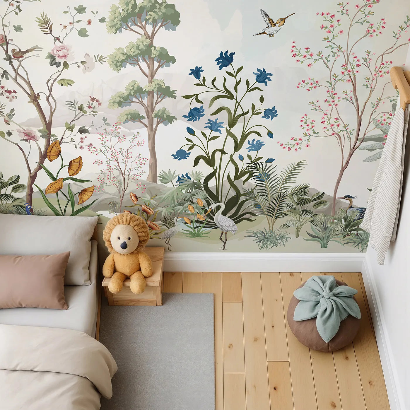 Top-down view of Whimsy Tots' Exotic Bird Garden Panorama Wall Mural (Turn Their Room into a Lush, Hand-Painted Paradise).Gender-Neutral
