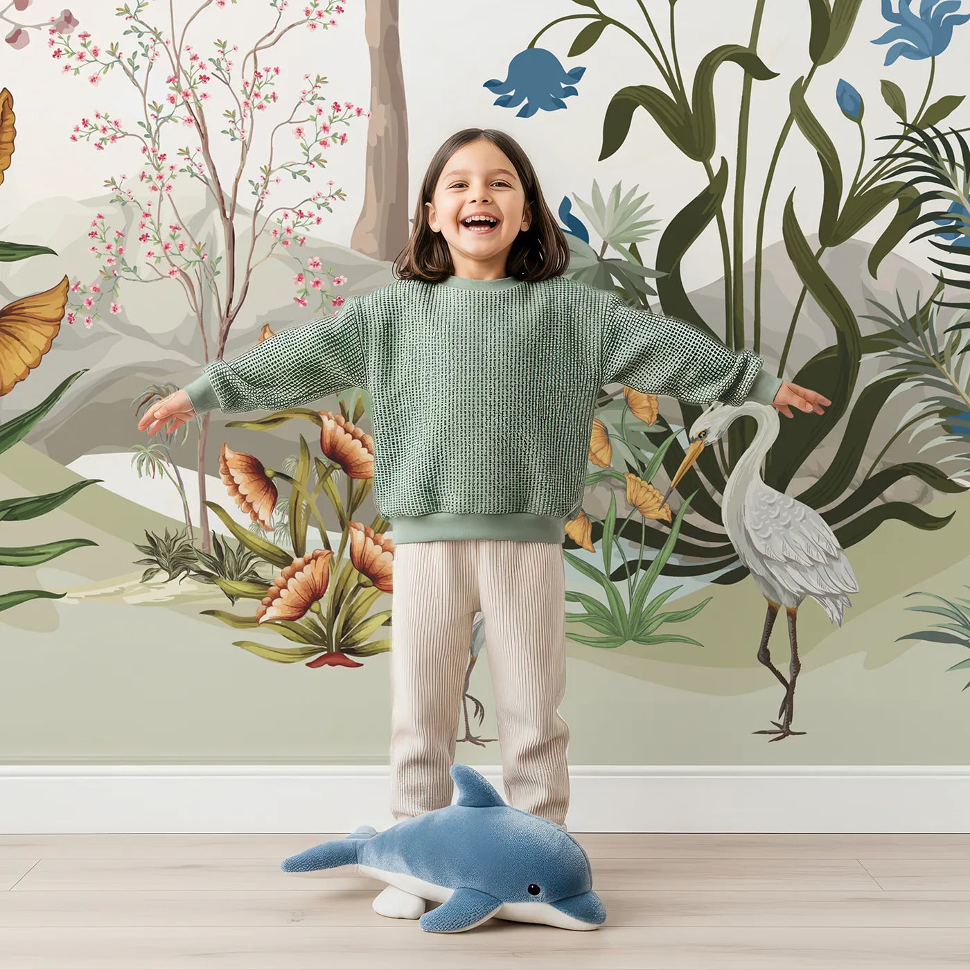 Child in front of Whimsy Tots Exotic Bird Garden Panorama Wall Mural with chinoiserie, vintage, floral, bird, exotic, tropical, classic, peacock in design.