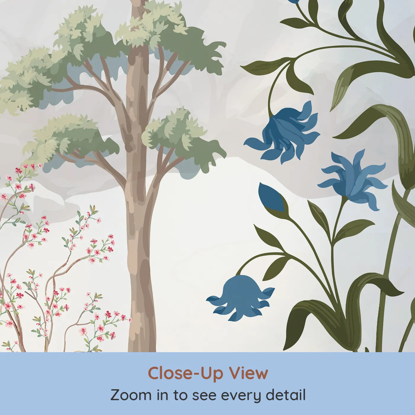 Close-up view of Whimsy Tots' Exotic Bird Garden Panorama Wall Mural (Turn Their Room into a Lush, Hand-Painted Paradise).Gender-Neutral
