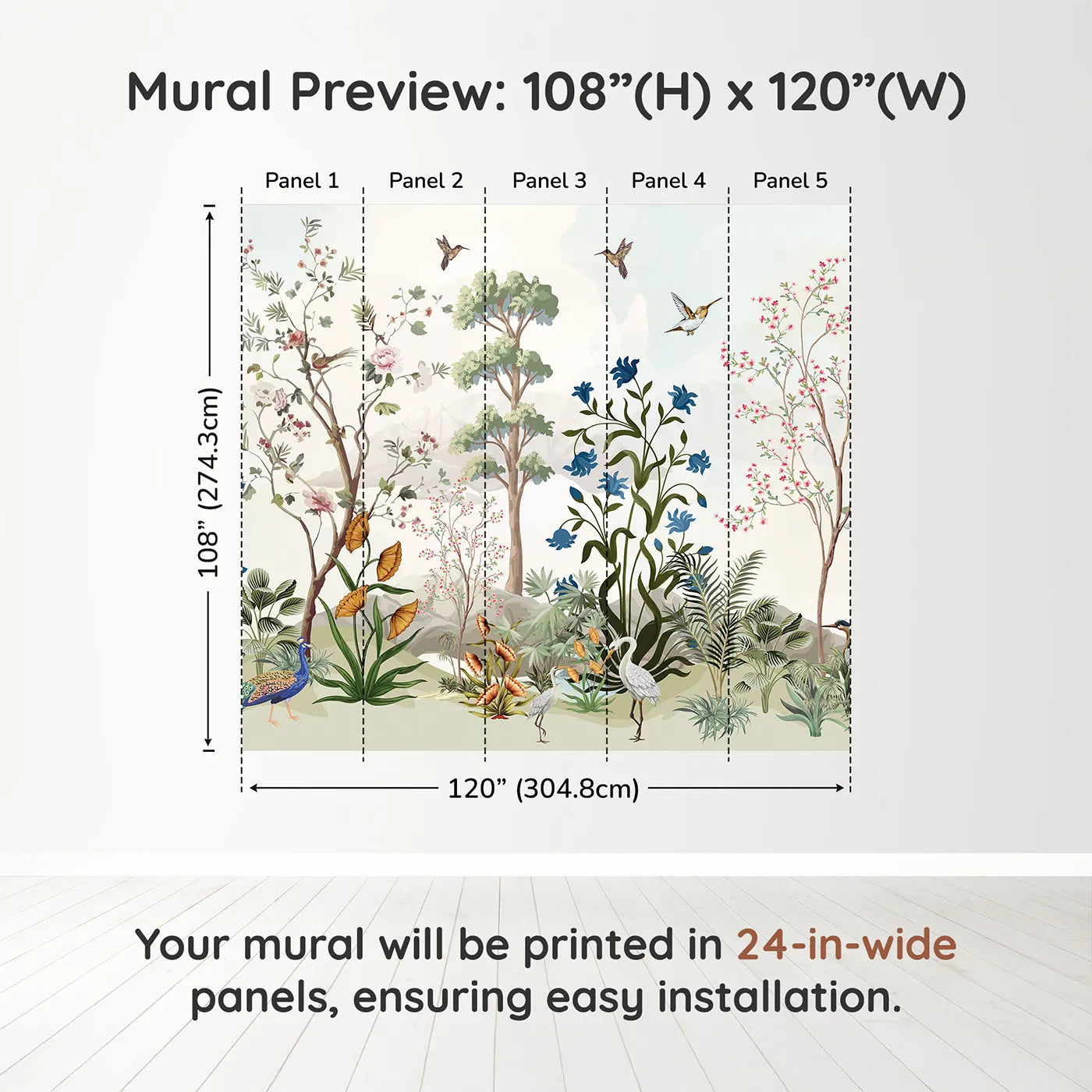 Whimsy Tots Exotic Bird Garden Panorama Wall Muraldimension view (108" H x 120" W). Printed in five 24-inch-wide panels. Gender-Neutral