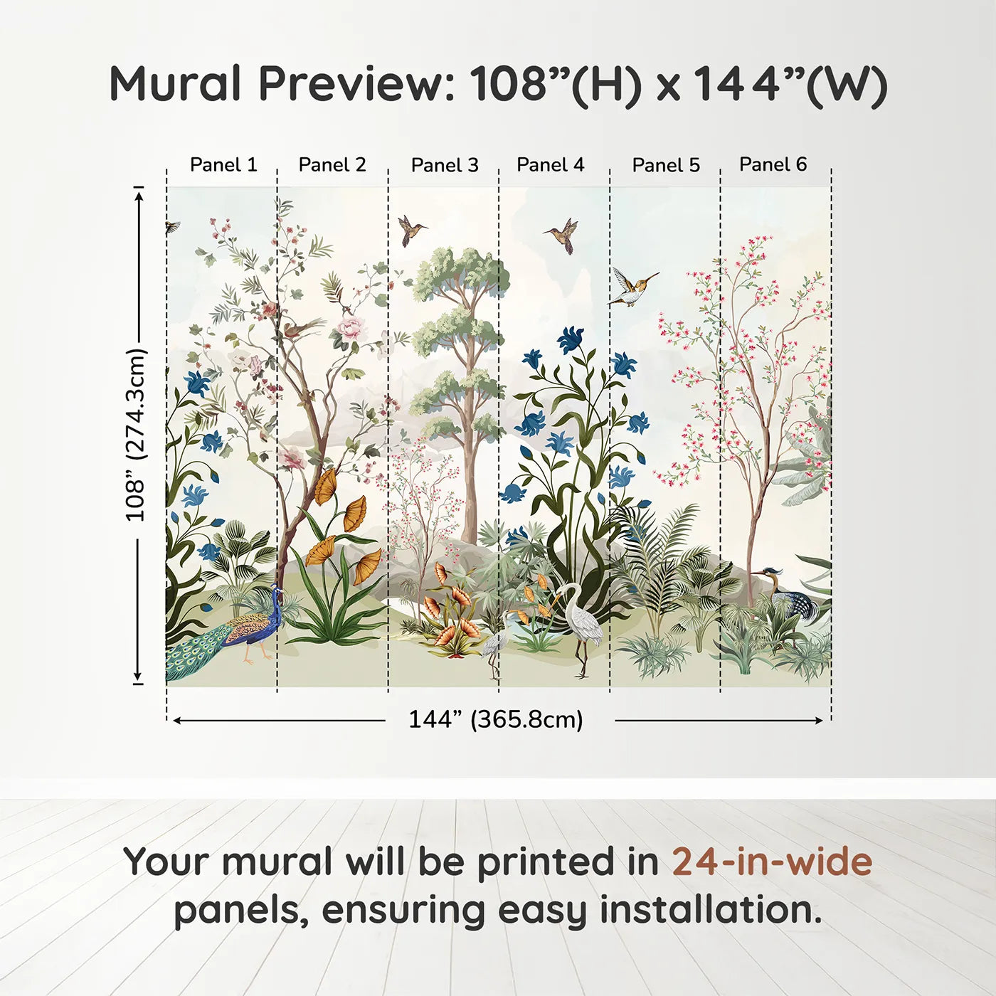 Whimsy Tots Exotic Bird Garden Panorama Wall Muraldimension view (108" H x 144" W). Printed in six 24-inch-wide panels. Gender-Neutral
