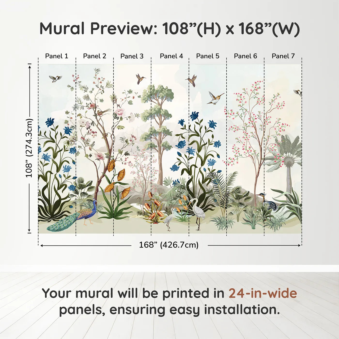 Whimsy Tots Exotic Bird Garden Panorama Wall Muraldimension view (108" H x 168" W). Printed in seven 24-inch-wide panels. Gender-Neutral