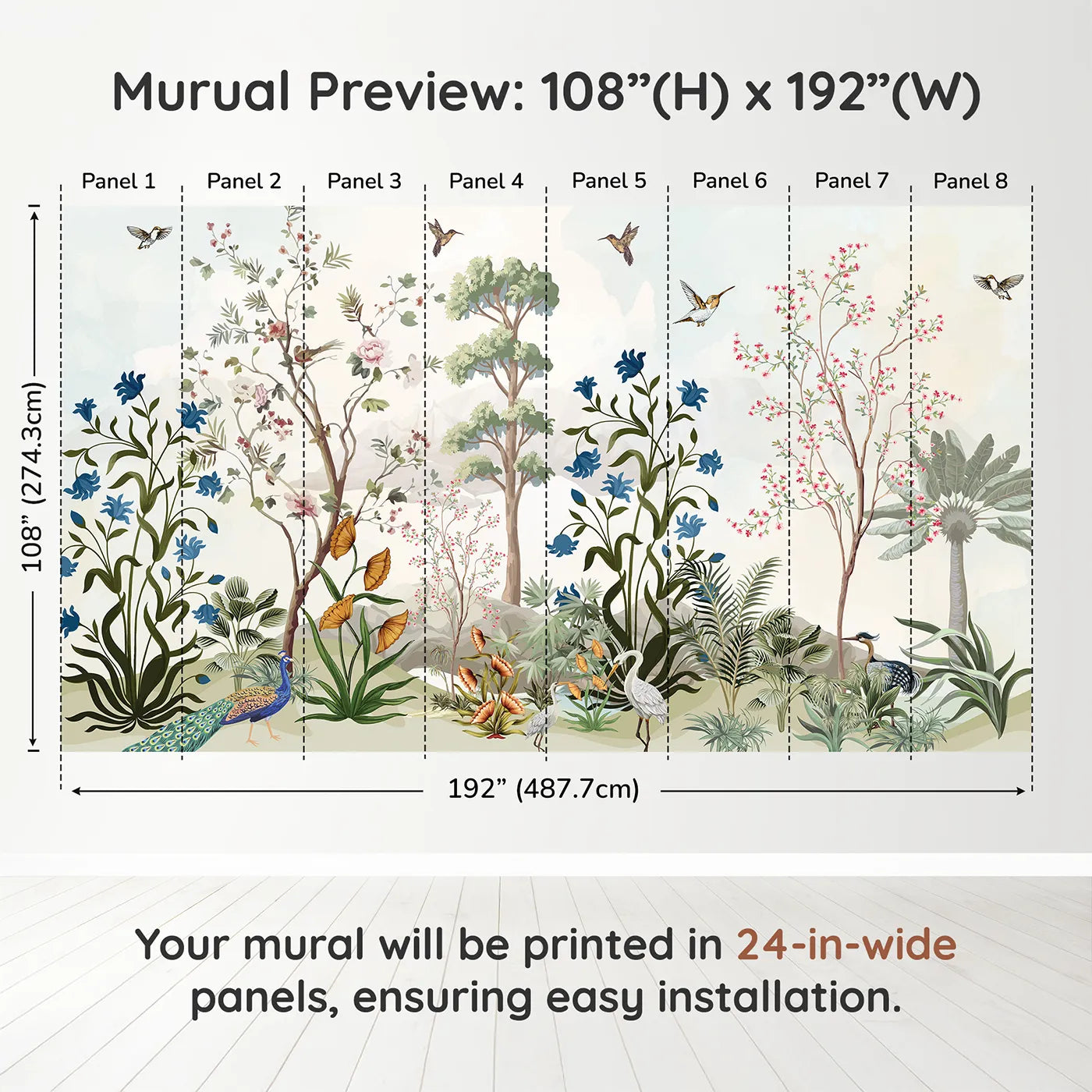 Whimsy Tots Exotic Bird Garden Panorama Wall Muraldimension view (108" H x 192" W). Printed in eight 24-inch-wide panels. Gender-Neutral