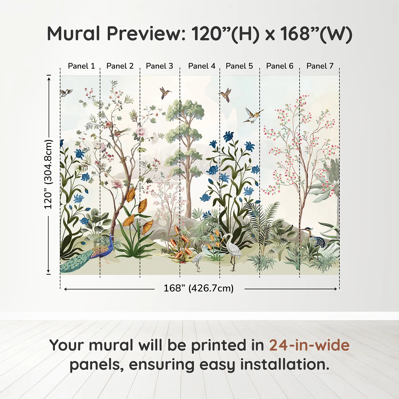 Whimsy Tots Exotic Bird Garden Panorama Wall Muraldimension view (120" H x 168" W). Printed in seven 24-inch-wide panels. Gender-Neutral