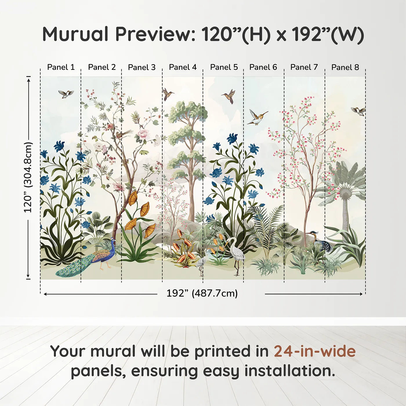 Whimsy Tots Exotic Bird Garden Panorama Wall Muraldimension view (120" H x 192" W). Printed in eight 24-inch-wide panels. Gender-Neutral