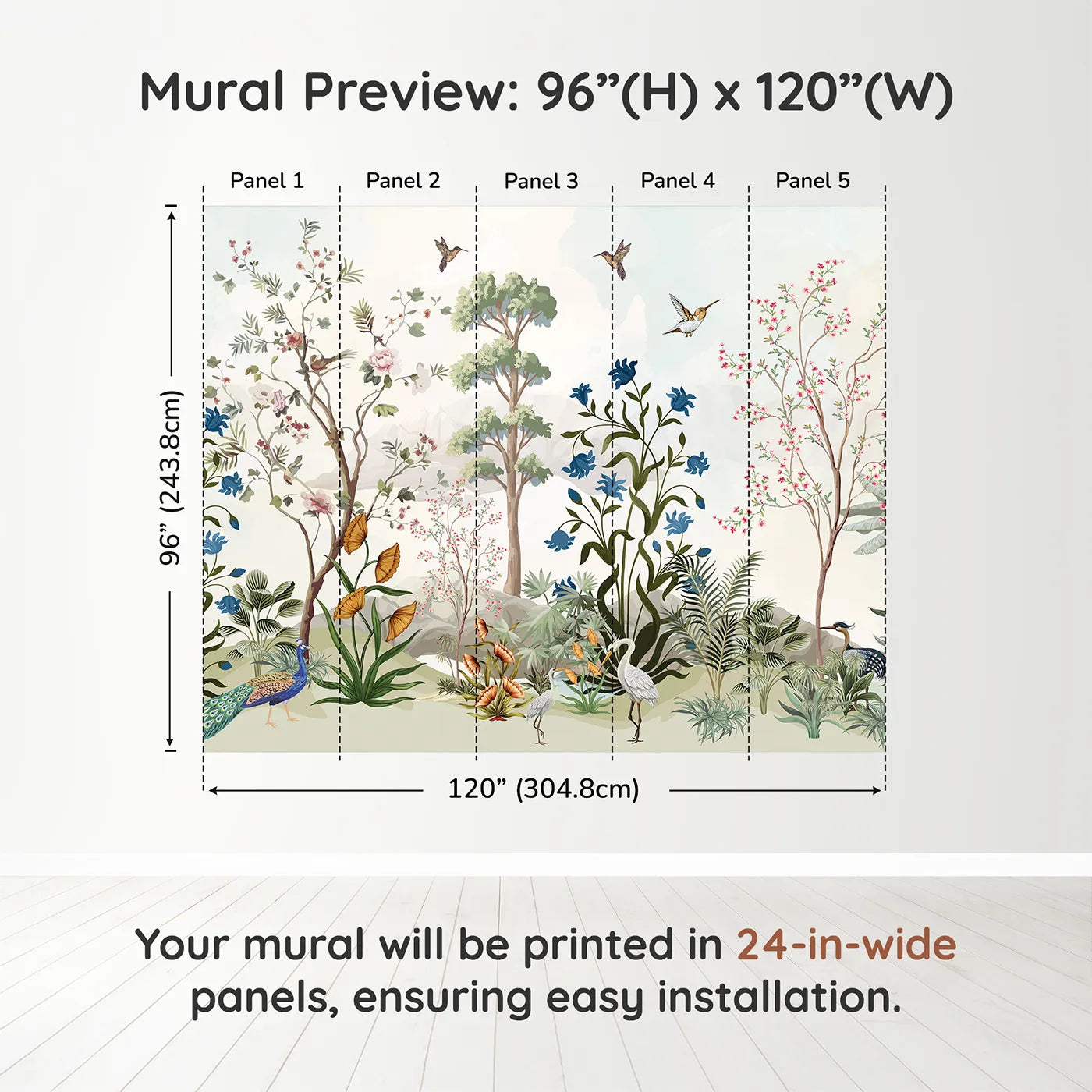Whimsy Tots Exotic Bird Garden Panorama Wall Muraldimension view (96" H x 120" W). Printed in five 24-inch-wide panels. Gender-Neutral
