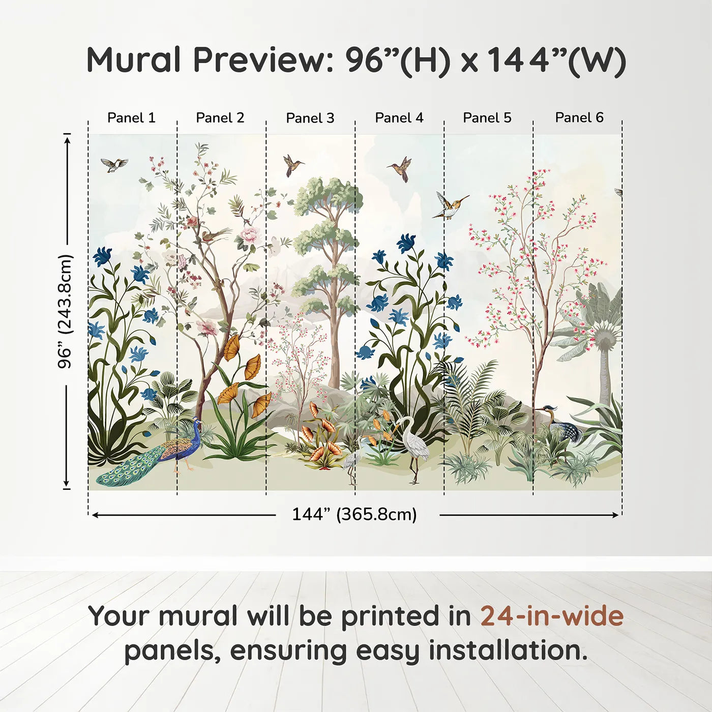 Whimsy Tots Exotic Bird Garden Panorama Wall Muraldimension view (96" H x 144" W). Printed in six 24-inch-wide panels. Gender-Neutral