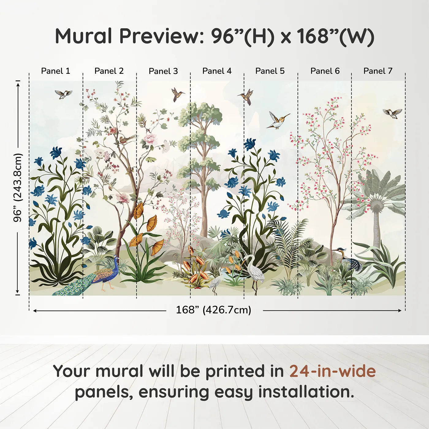 Whimsy Tots Exotic Bird Garden Panorama Wall Muraldimension view (96" H x 168" W). Printed in seven 24-inch-wide panels. Gender-Neutral
