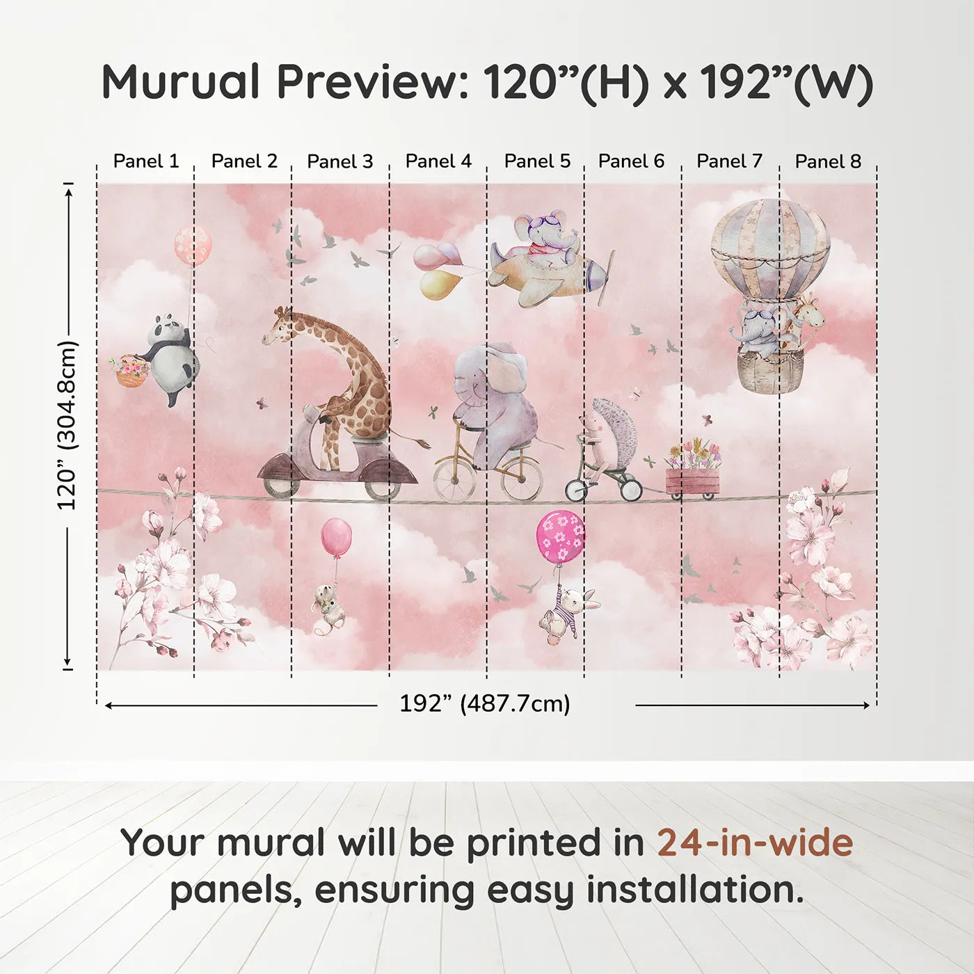 Whimsy Tots High Wire Circus Wall Muraldimension view (120" H x 192" W). Printed in eight 24-inch-wide panels. Gender-Neutral