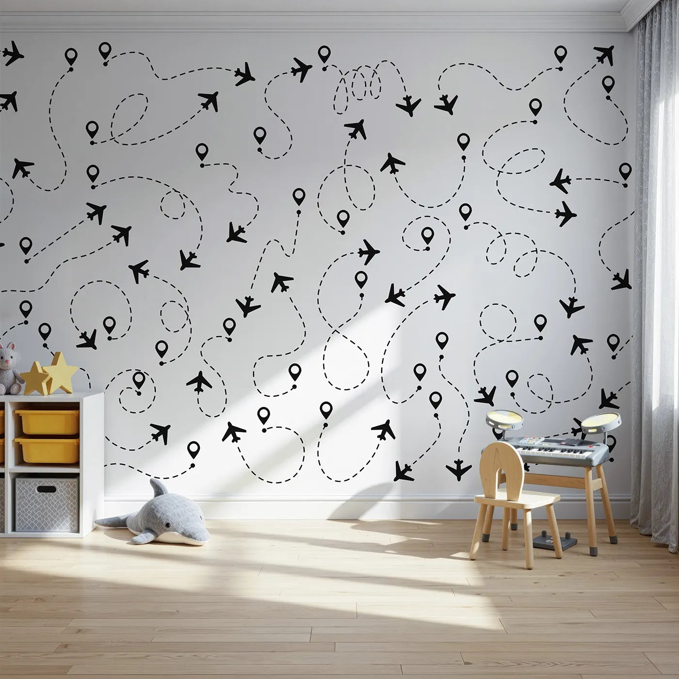 Front view of Whimsy Tots' Flight Paths Wall Mural