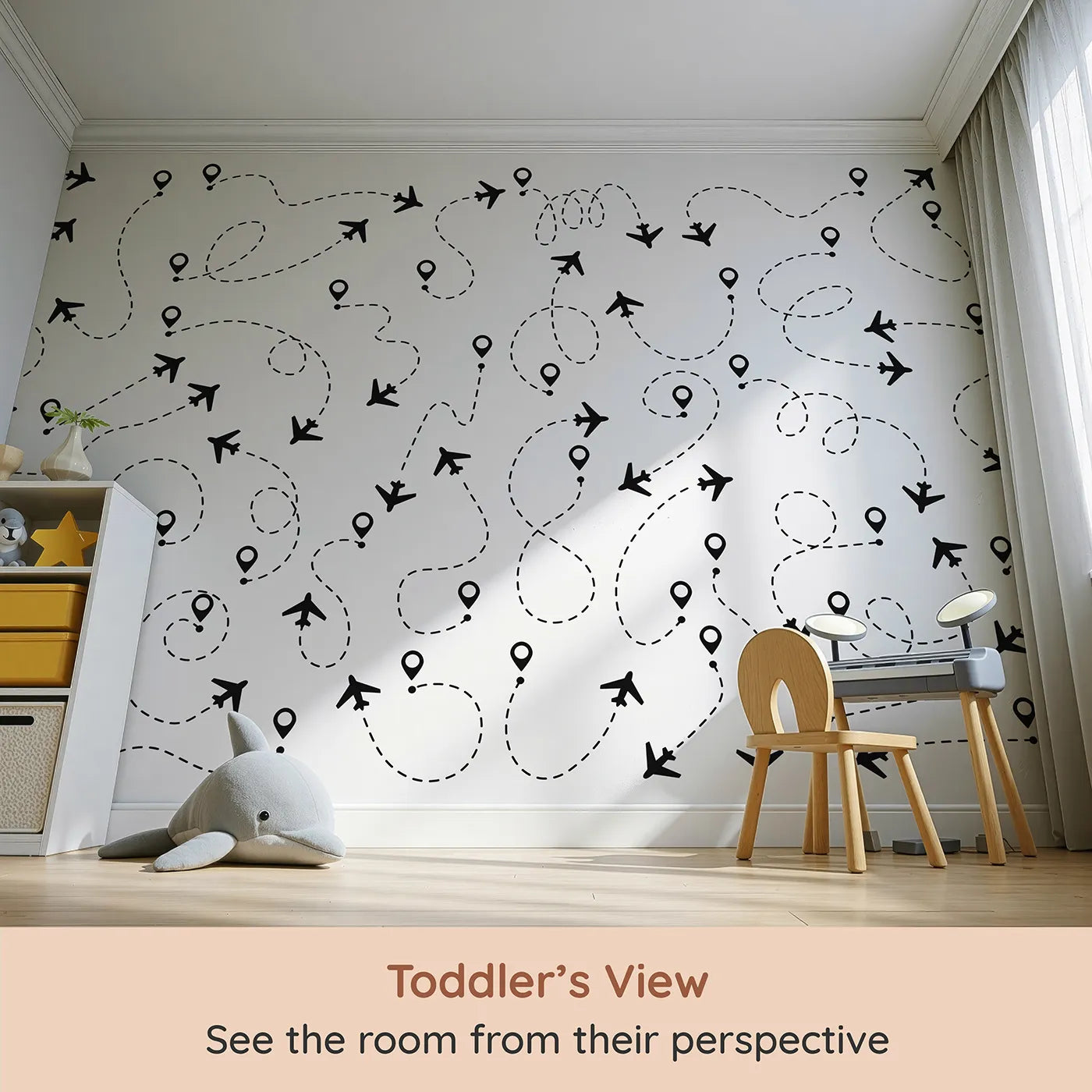 Whimsy Tots Flight Paths Wall Mural (Turn Their Room into a Busy, Globe-Trotting Hub) from your child's view.Gender-Neutral