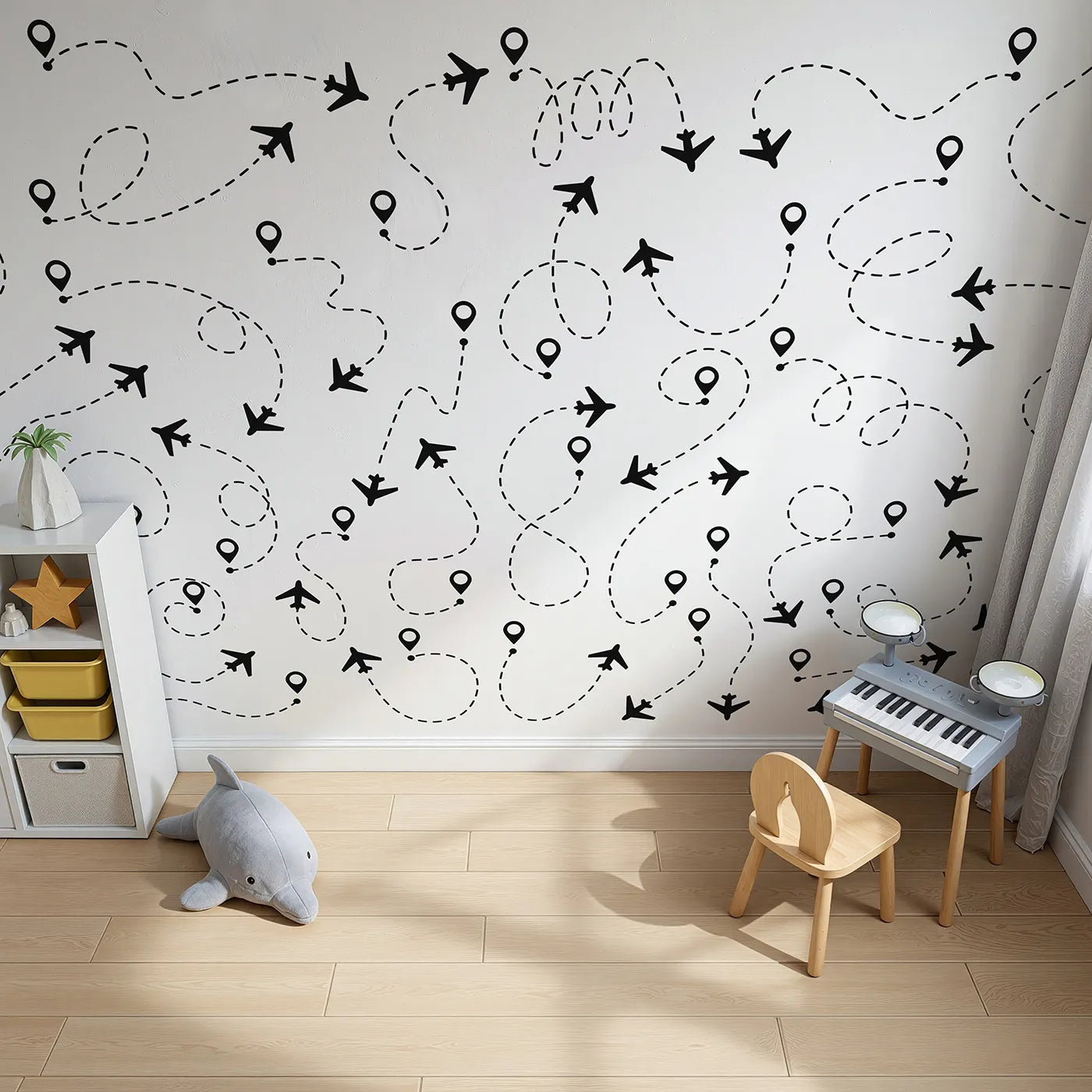 Top-down view of Whimsy Tots' Flight Paths Wall Mural (Turn Their Room into a Busy, Globe-Trotting Hub).Gender-Neutral