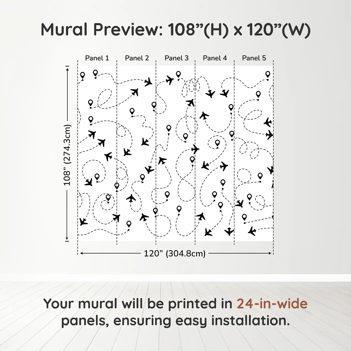 Whimsy Tots Flight Paths Wall Muraldimension view (108" H x 120" W). Printed in five 24-inch-wide panels. Gender-Neutral