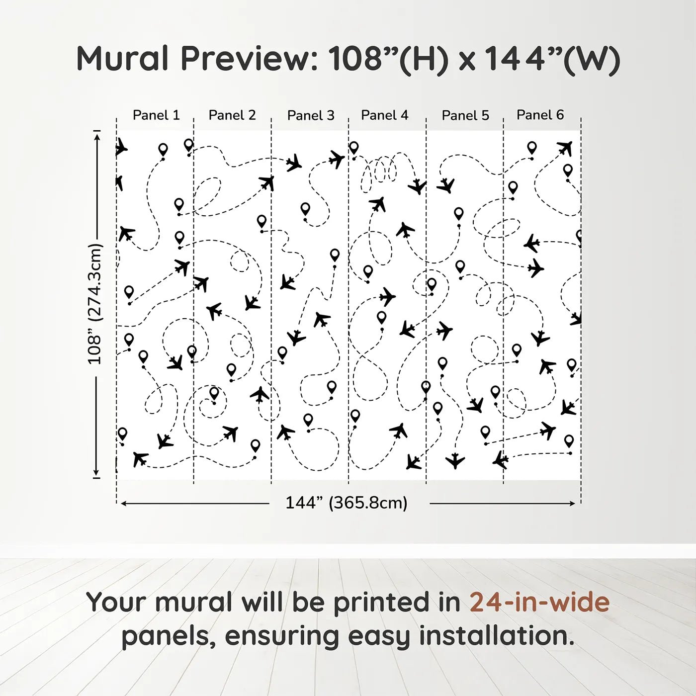 Whimsy Tots Flight Paths Wall Muraldimension view (108" H x 144" W). Printed in six 24-inch-wide panels. Gender-Neutral
