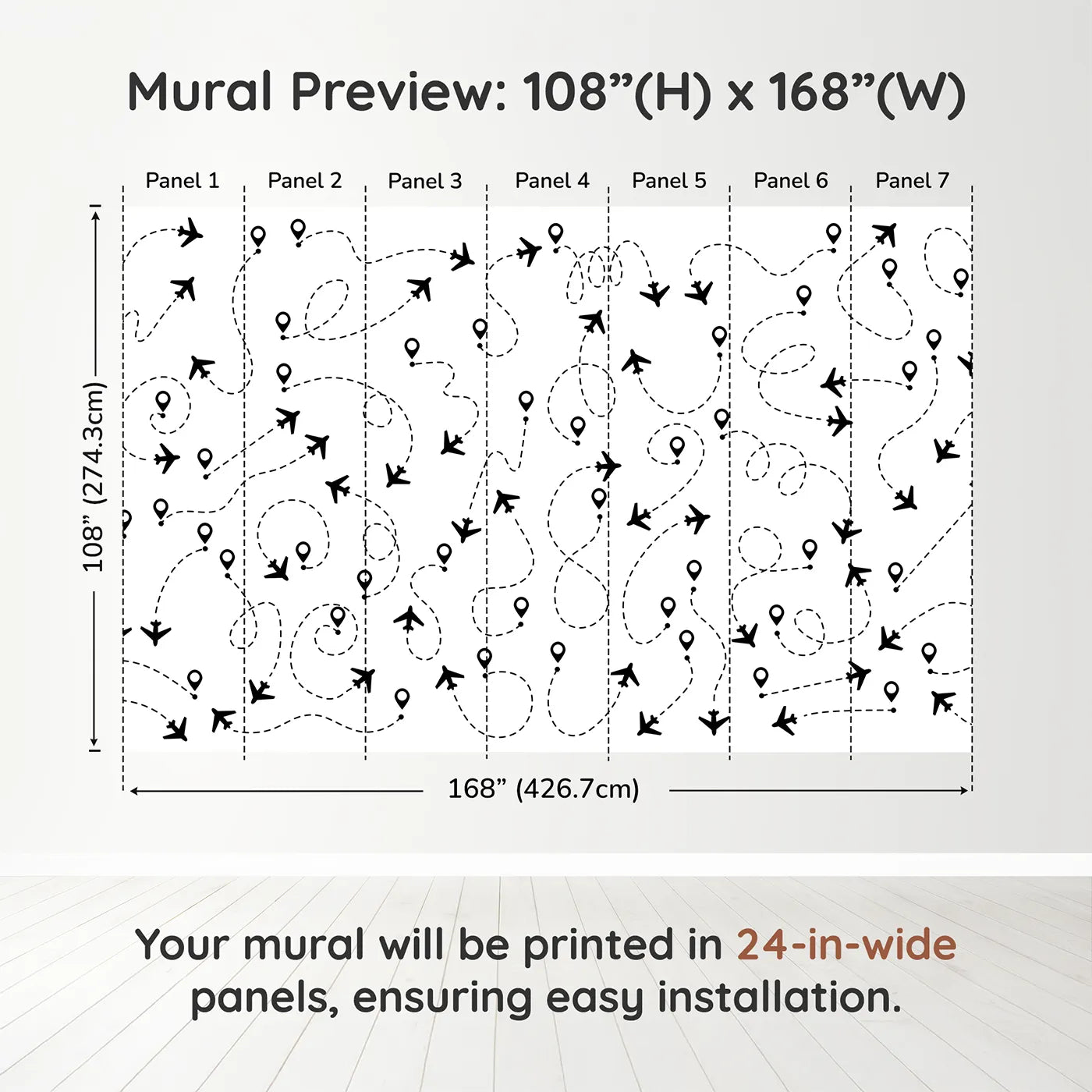 Whimsy Tots Flight Paths Wall Muraldimension view (108" H x 168" W). Printed in seven 24-inch-wide panels. Gender-Neutral