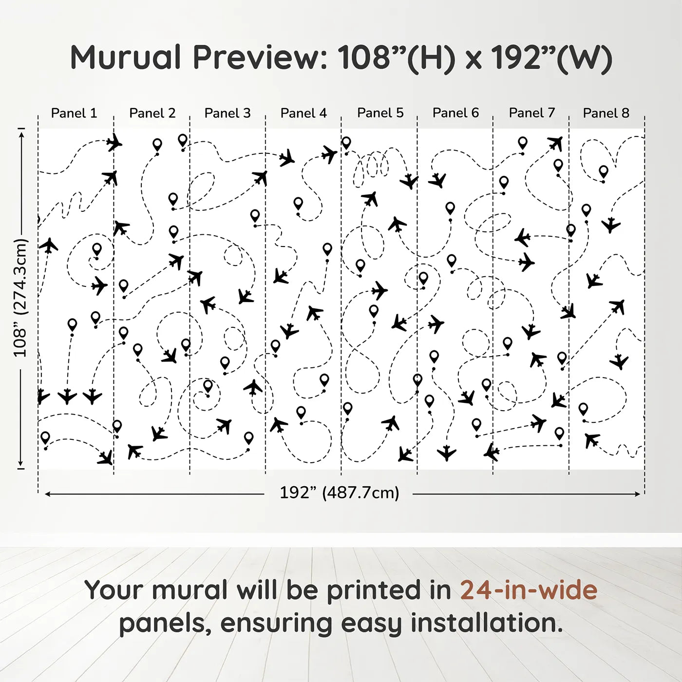 Whimsy Tots Flight Paths Wall Muraldimension view (108" H x 192" W). Printed in eight 24-inch-wide panels. Gender-Neutral