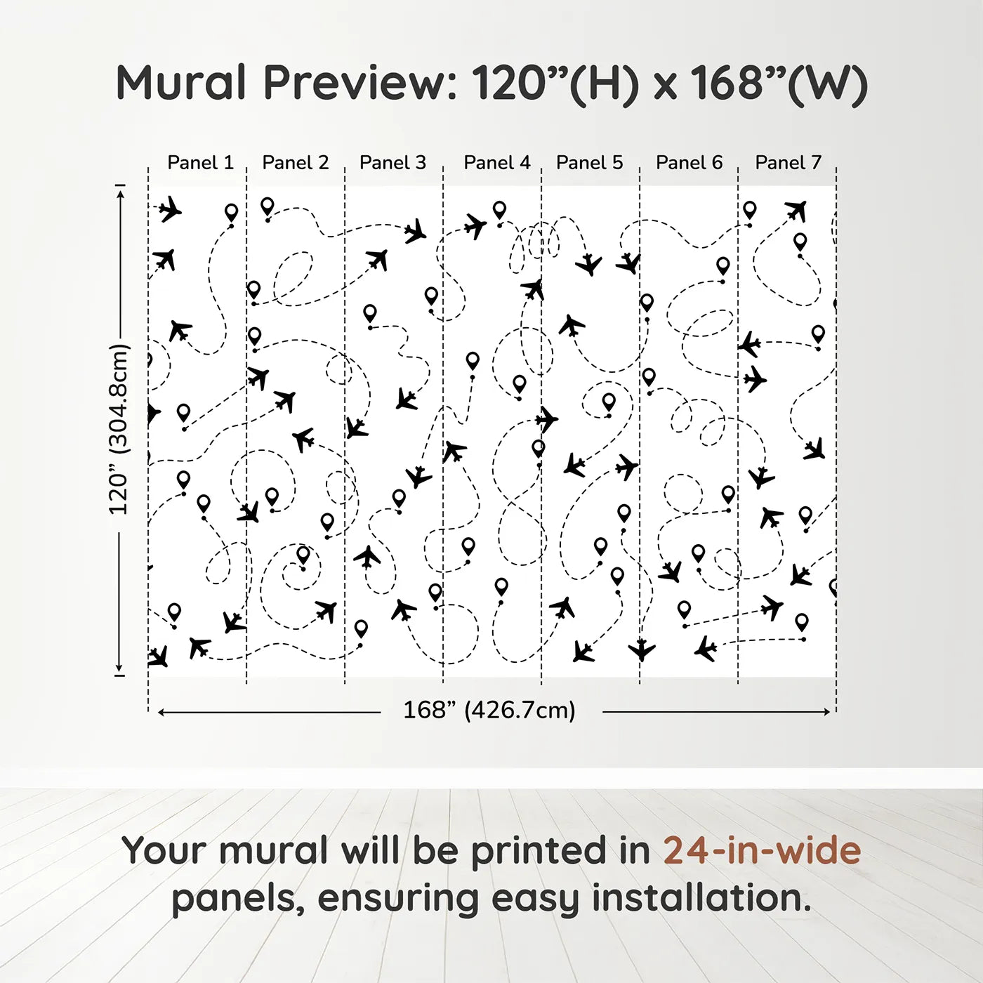 Whimsy Tots Flight Paths Wall Muraldimension view (120" H x 168" W). Printed in seven 24-inch-wide panels. Gender-Neutral