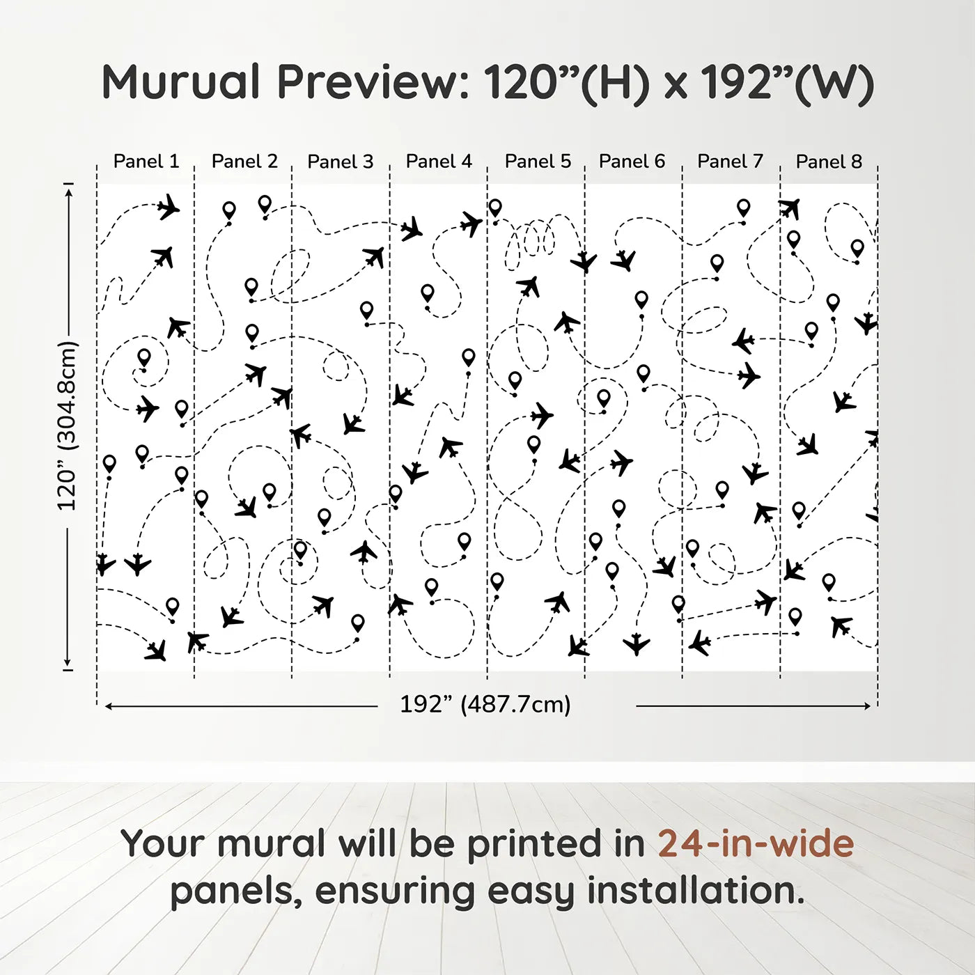 Whimsy Tots Flight Paths Wall Muraldimension view (120" H x 192" W). Printed in eight 24-inch-wide panels. Gender-Neutral