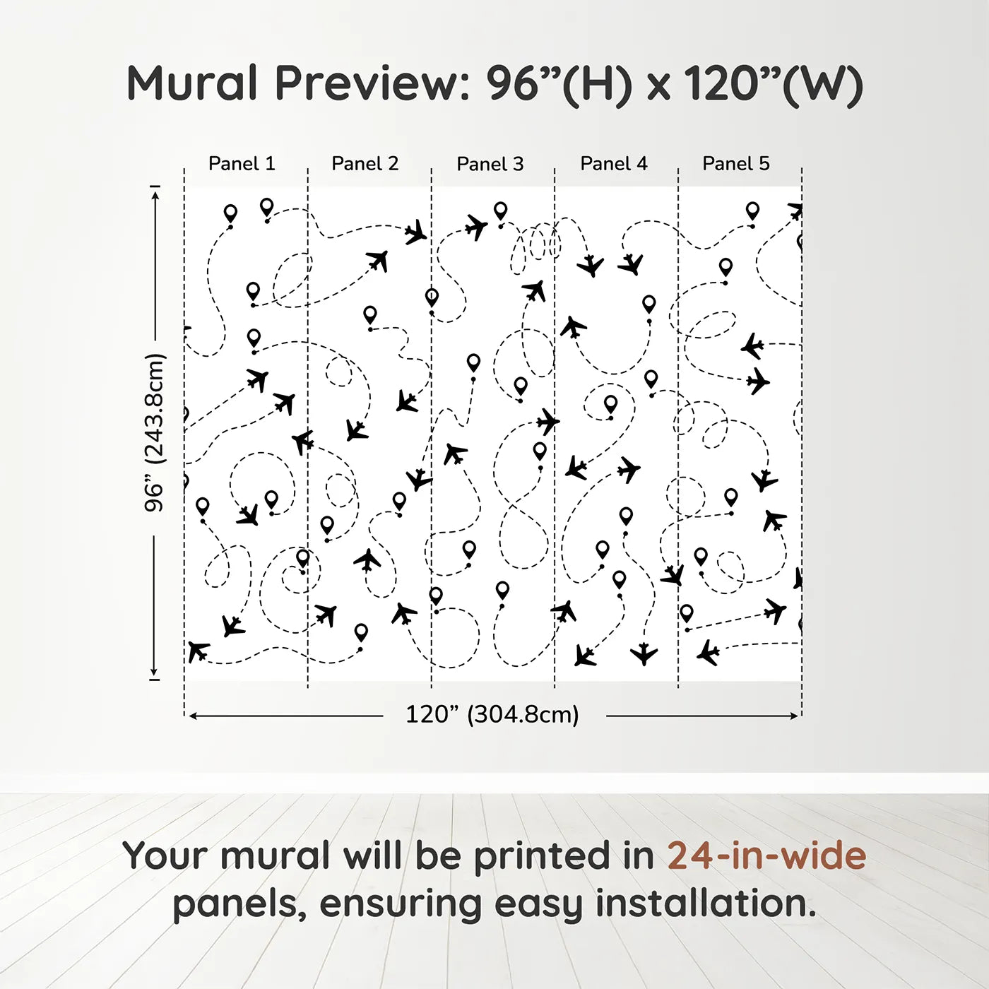 Whimsy Tots Flight Paths Wall Muraldimension view (96" H x 120" W). Printed in five 24-inch-wide panels. Gender-Neutral