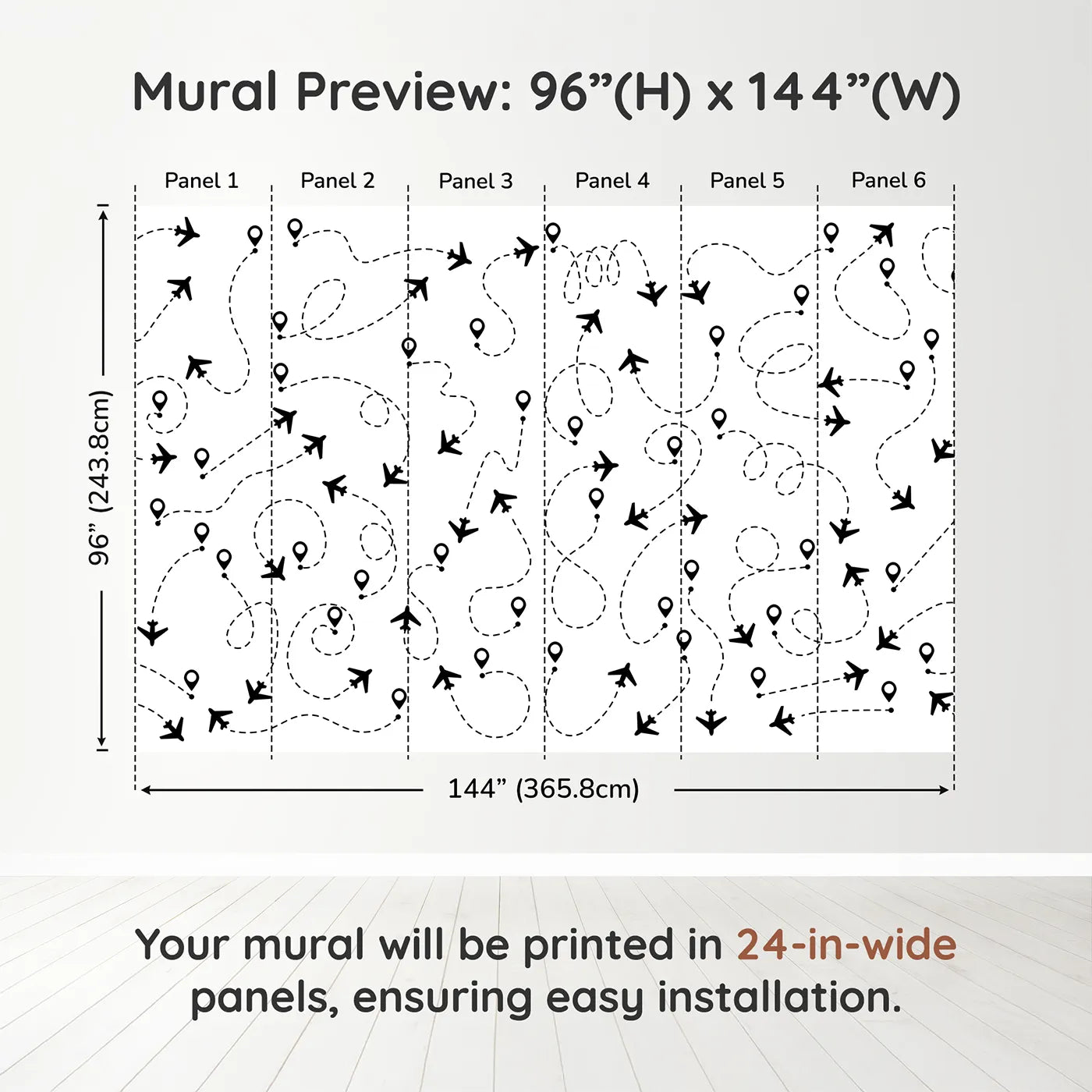 Whimsy Tots Flight Paths Wall Muraldimension view (96" H x 144" W). Printed in six 24-inch-wide panels. Gender-Neutral
