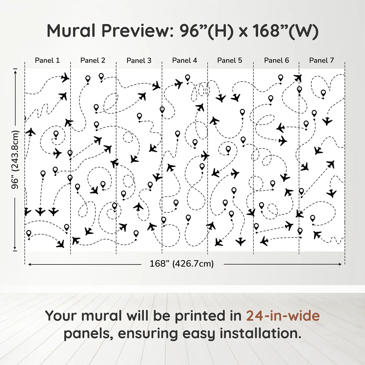 Whimsy Tots Flight Paths Wall Muraldimension view (96" H x 168" W). Printed in seven 24-inch-wide panels. Gender-Neutral