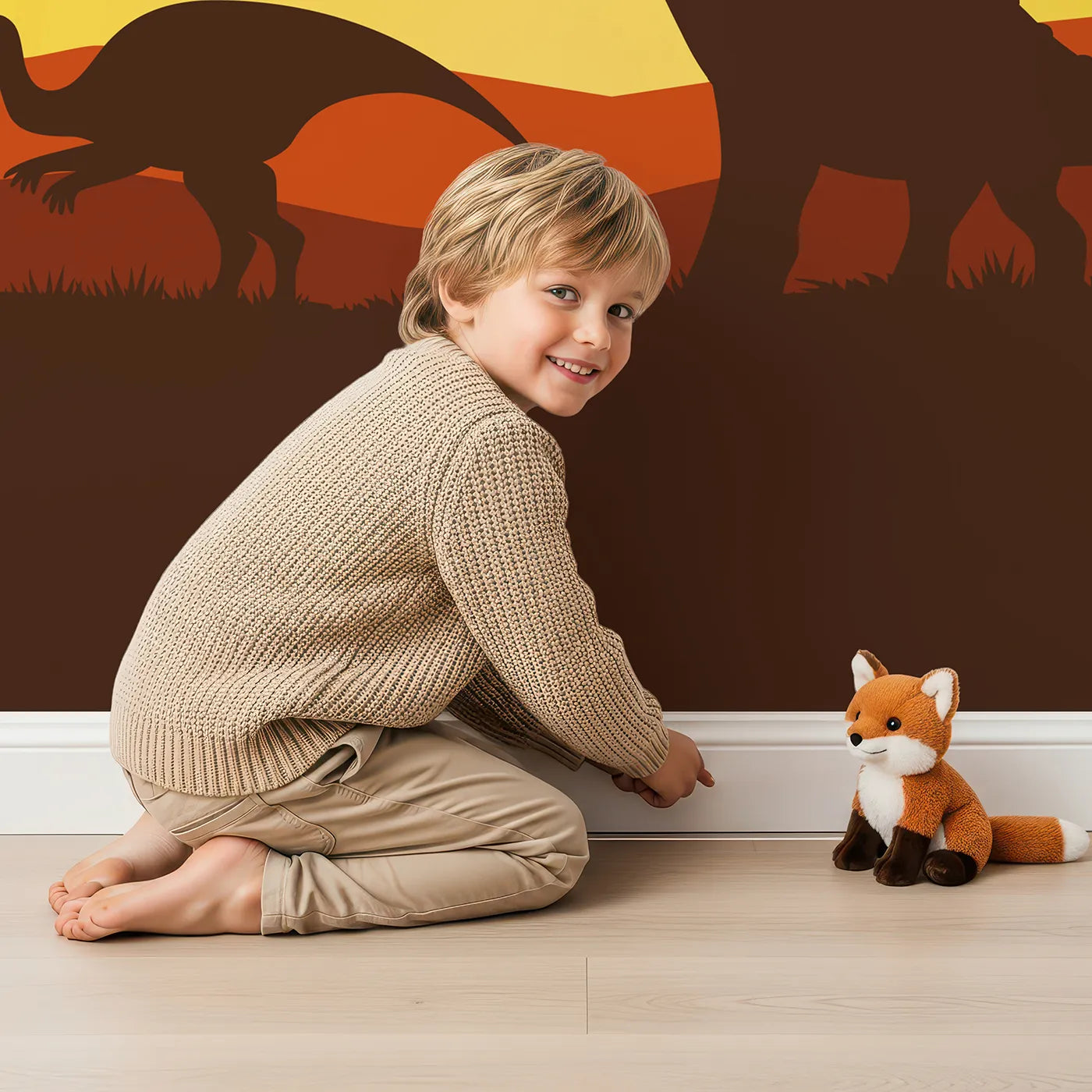 Child in front of Whimsy Tots Dinosaur Sunset Panorama Wall Mural with dinosaur, silhouette, sunset, prehistoric, jungle, orange, t-rex, landscape in design.