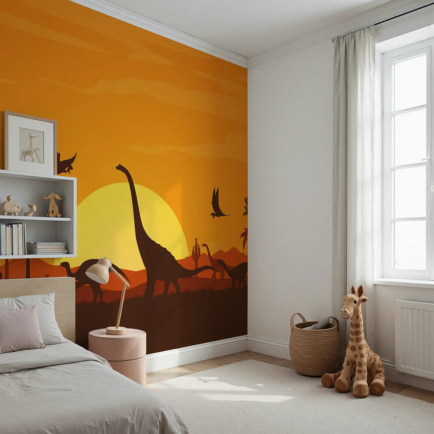 Angled view of Whimsy Tots' Dinosaur Sunset Panorama Wall Mural (Turn Their Room into a Dramatic Prehistoric Landscape).Gender-Neutral