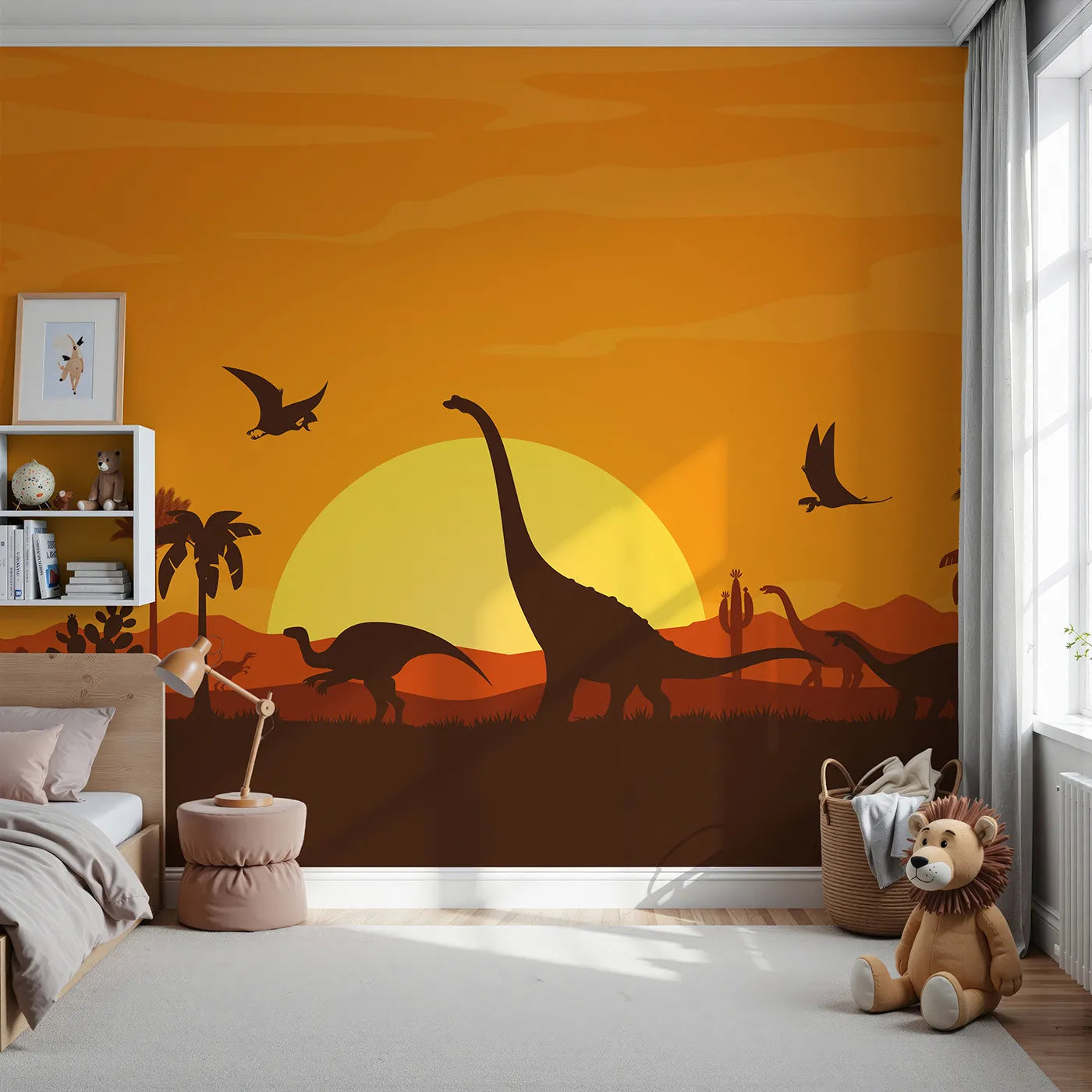 Front view of Whimsy Tots' Dinosaur Sunset Panorama Wall Mural