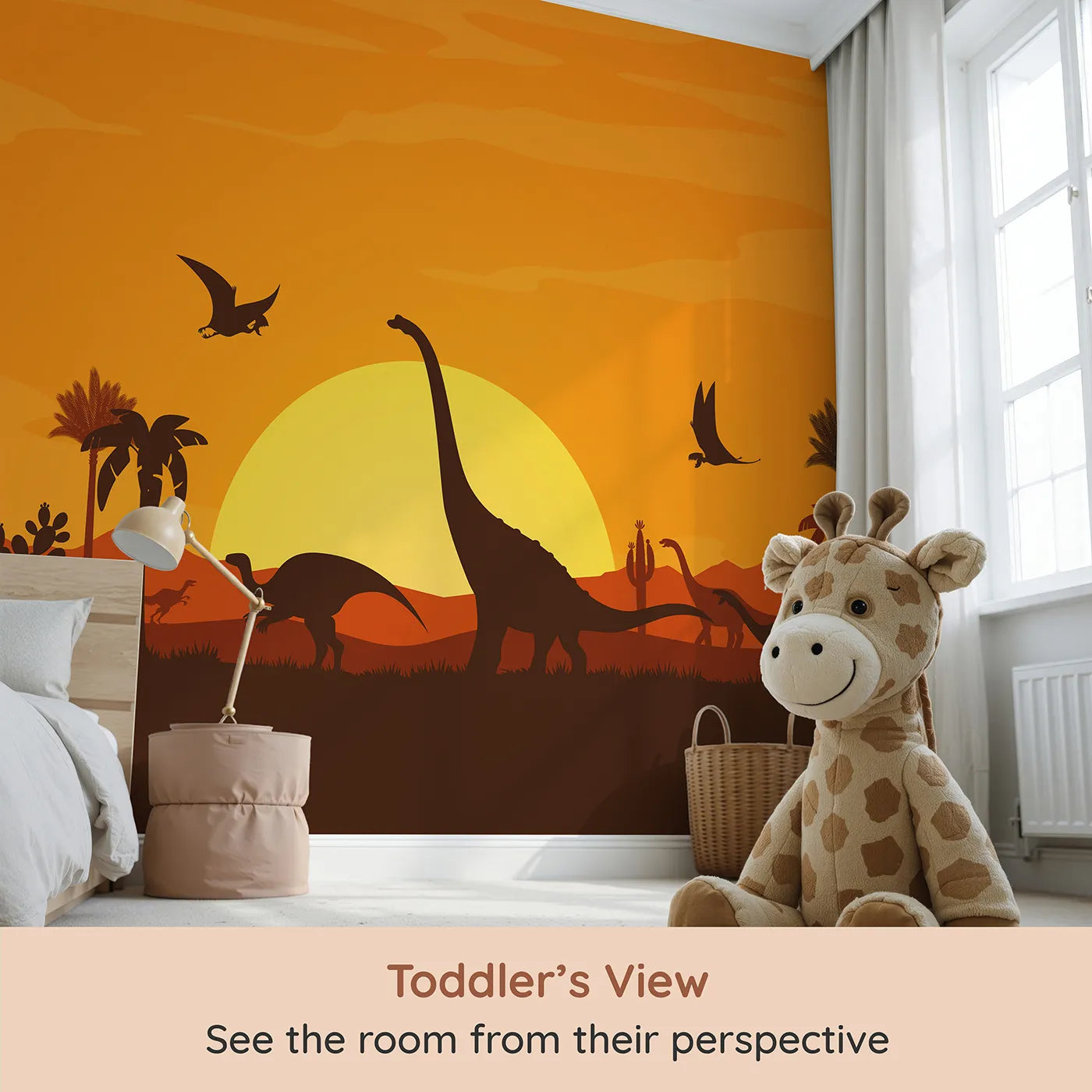 Whimsy Tots Dinosaur Sunset Panorama Wall Mural (Turn Their Room into a Dramatic Prehistoric Landscape) from your child's view.Gender-Neutral