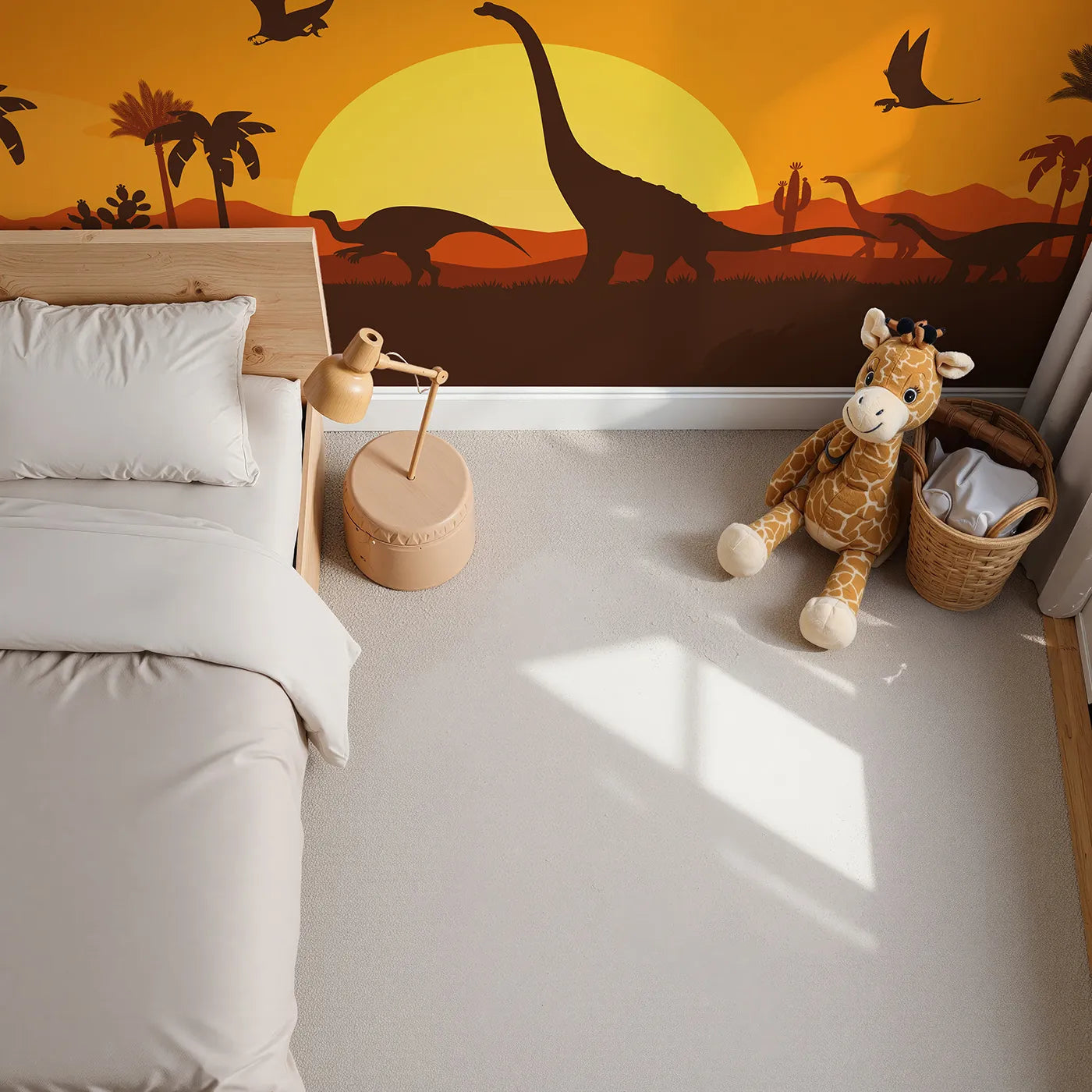 Top-down view of Whimsy Tots' Dinosaur Sunset Panorama Wall Mural (Turn Their Room into a Dramatic Prehistoric Landscape).Gender-Neutral