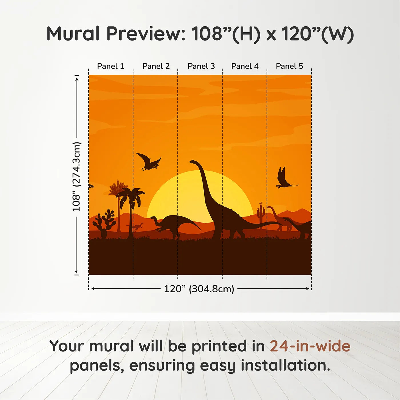 Whimsy Tots Dinosaur Sunset Panorama Wall Muraldimension view (108" H x 120" W). Printed in five 24-inch-wide panels. Gender-Neutral