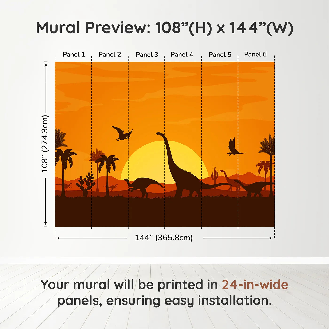 Whimsy Tots Dinosaur Sunset Panorama Wall Muraldimension view (108" H x 144" W). Printed in six 24-inch-wide panels. Gender-Neutral