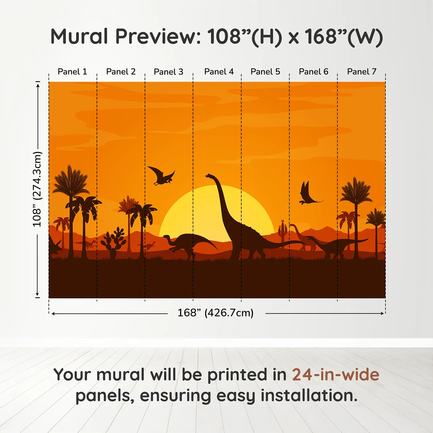 Whimsy Tots Dinosaur Sunset Panorama Wall Muraldimension view (108" H x 168" W). Printed in seven 24-inch-wide panels. Gender-Neutral