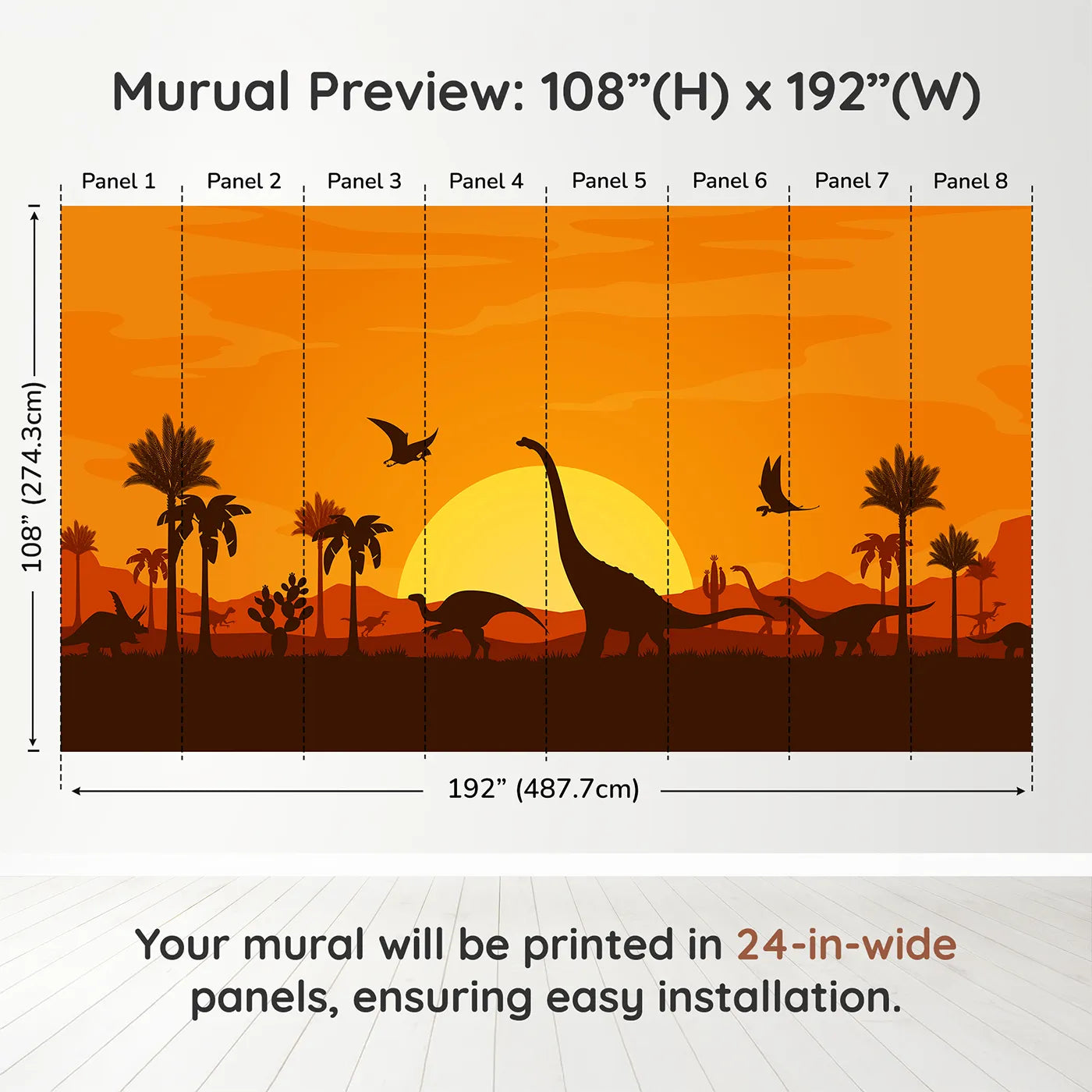 Whimsy Tots Dinosaur Sunset Panorama Wall Muraldimension view (108" H x 192" W). Printed in eight 24-inch-wide panels. Gender-Neutral