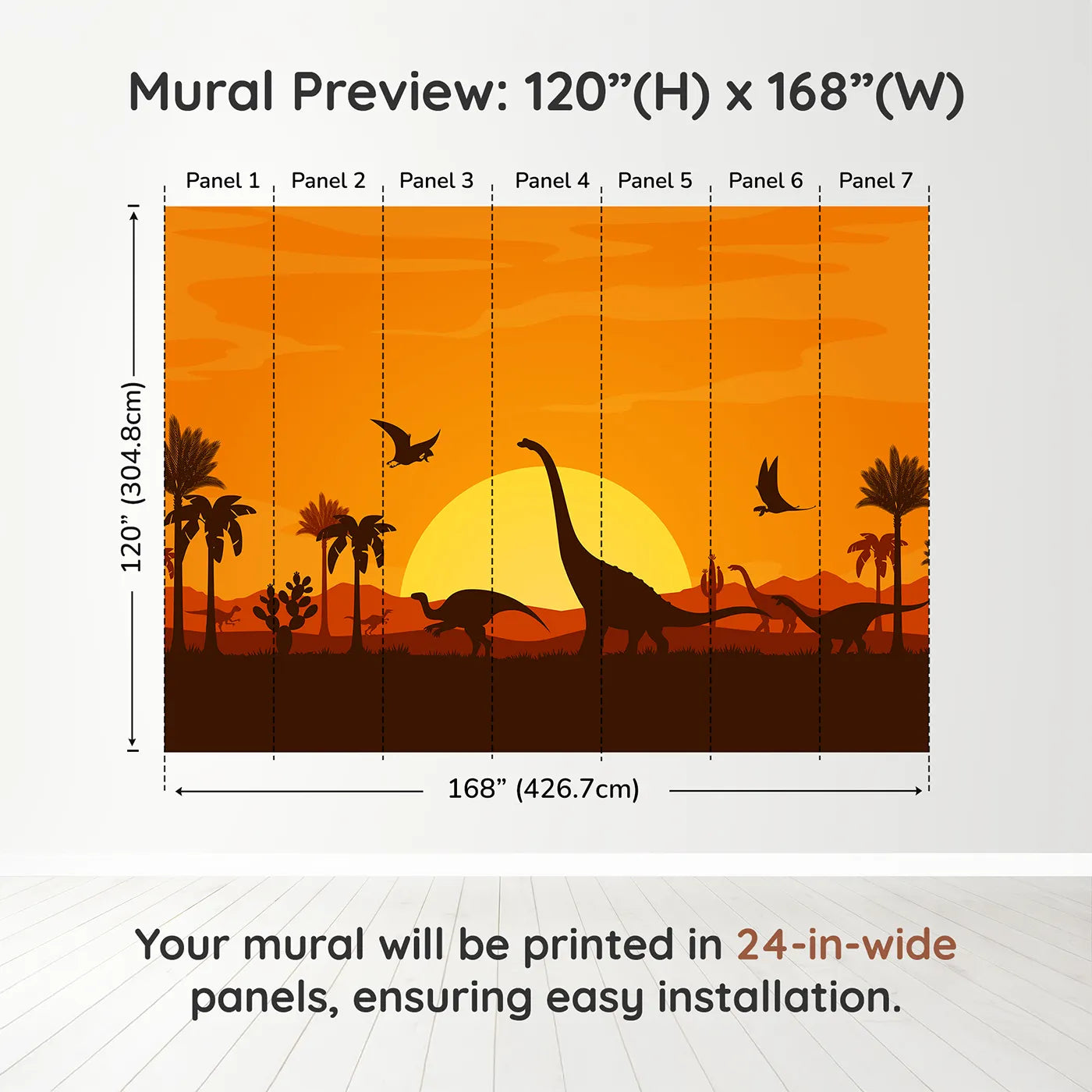 Whimsy Tots Dinosaur Sunset Panorama Wall Muraldimension view (120" H x 168" W). Printed in seven 24-inch-wide panels. Gender-Neutral