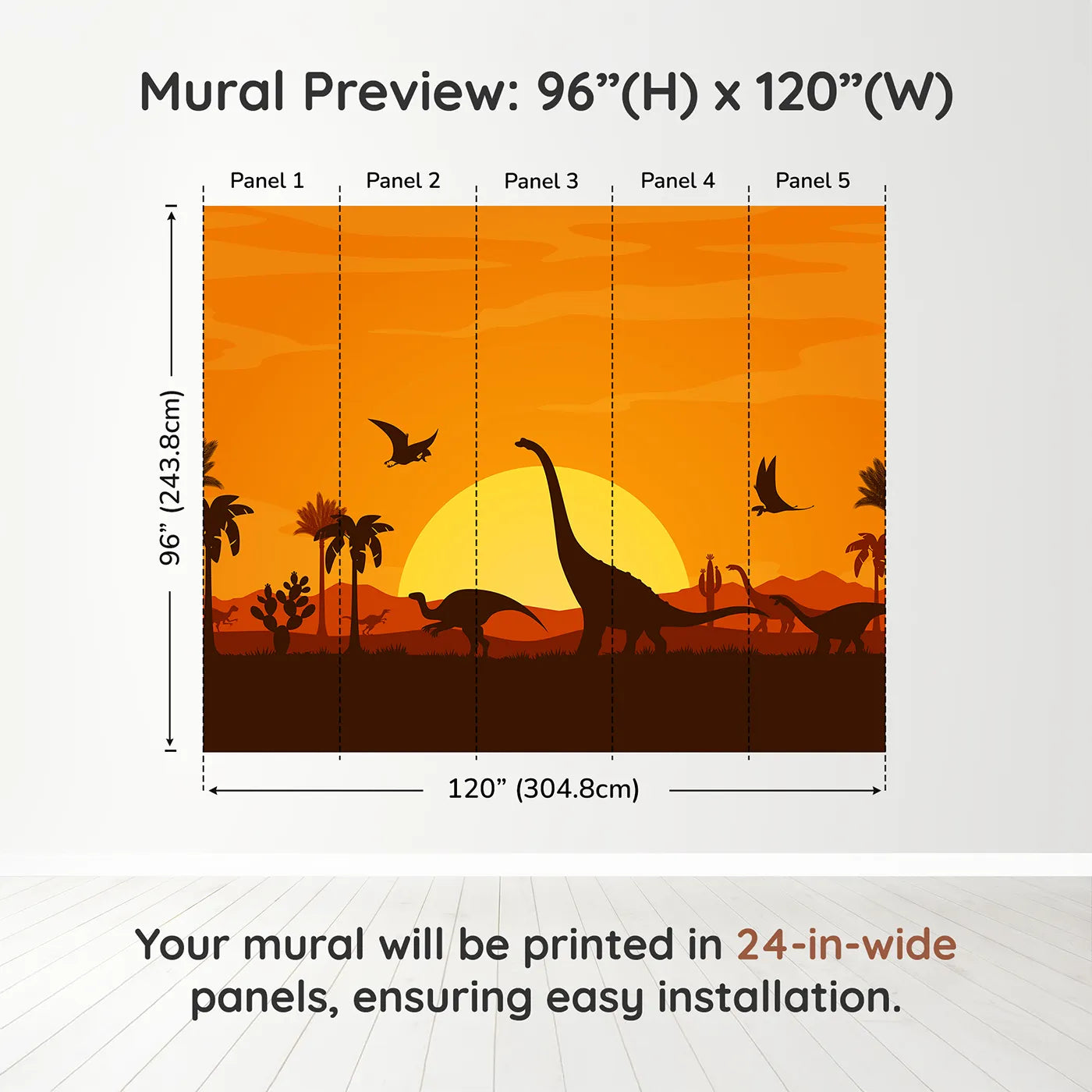 Whimsy Tots Dinosaur Sunset Panorama Wall Muraldimension view (96" H x 120" W). Printed in five 24-inch-wide panels. Gender-Neutral