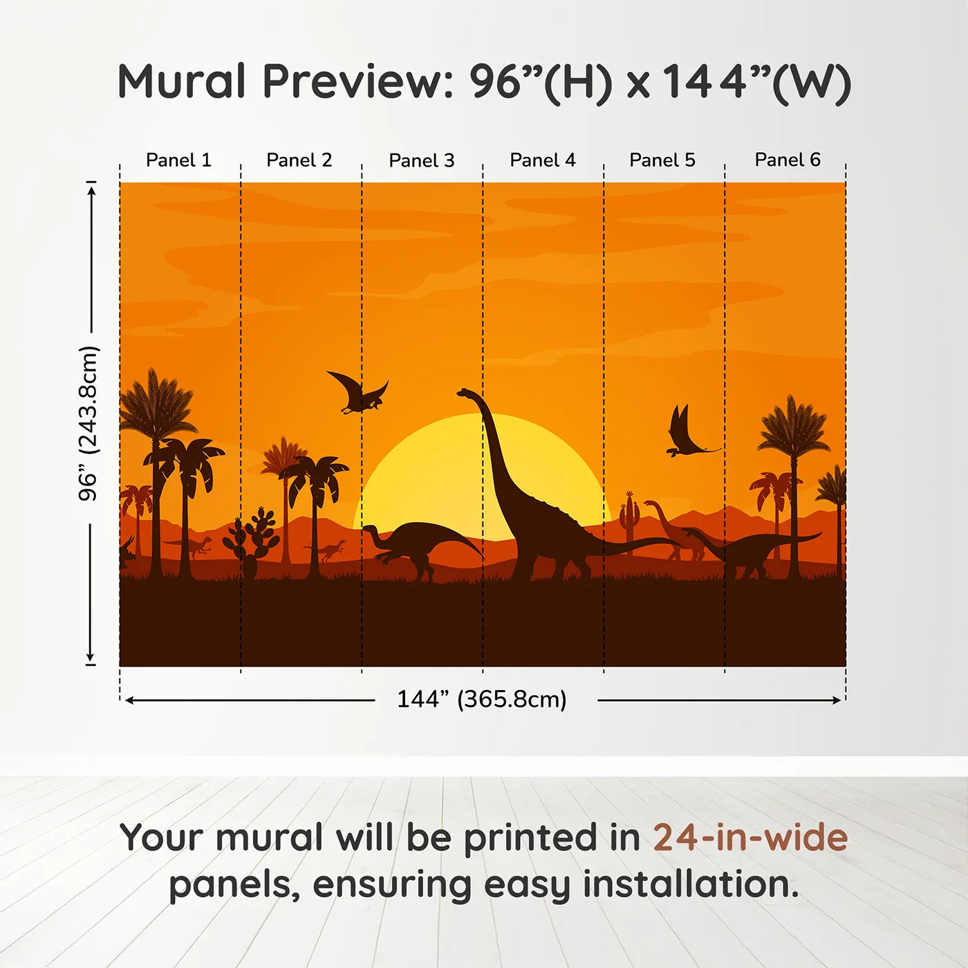 Whimsy Tots Dinosaur Sunset Panorama Wall Muraldimension view (96" H x 144" W). Printed in six 24-inch-wide panels. Gender-Neutral