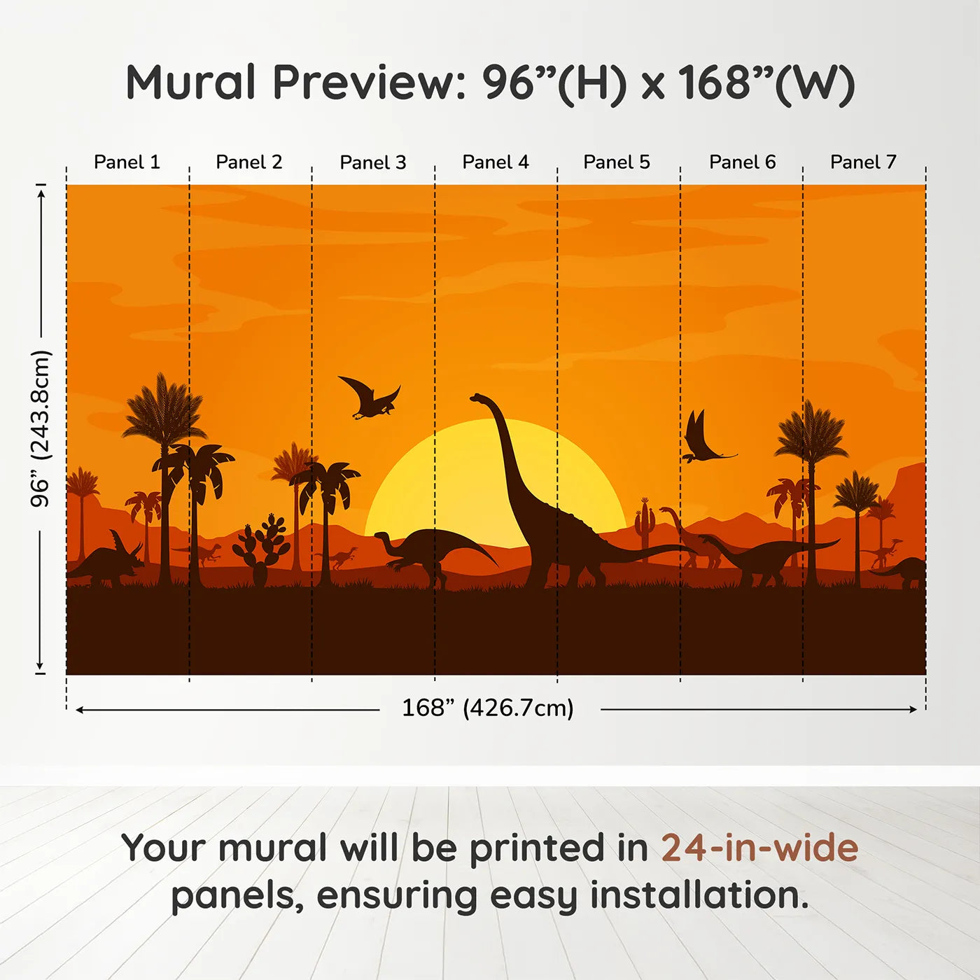 Whimsy Tots Dinosaur Sunset Panorama Wall Muraldimension view (96" H x 168" W). Printed in seven 24-inch-wide panels. Gender-Neutral