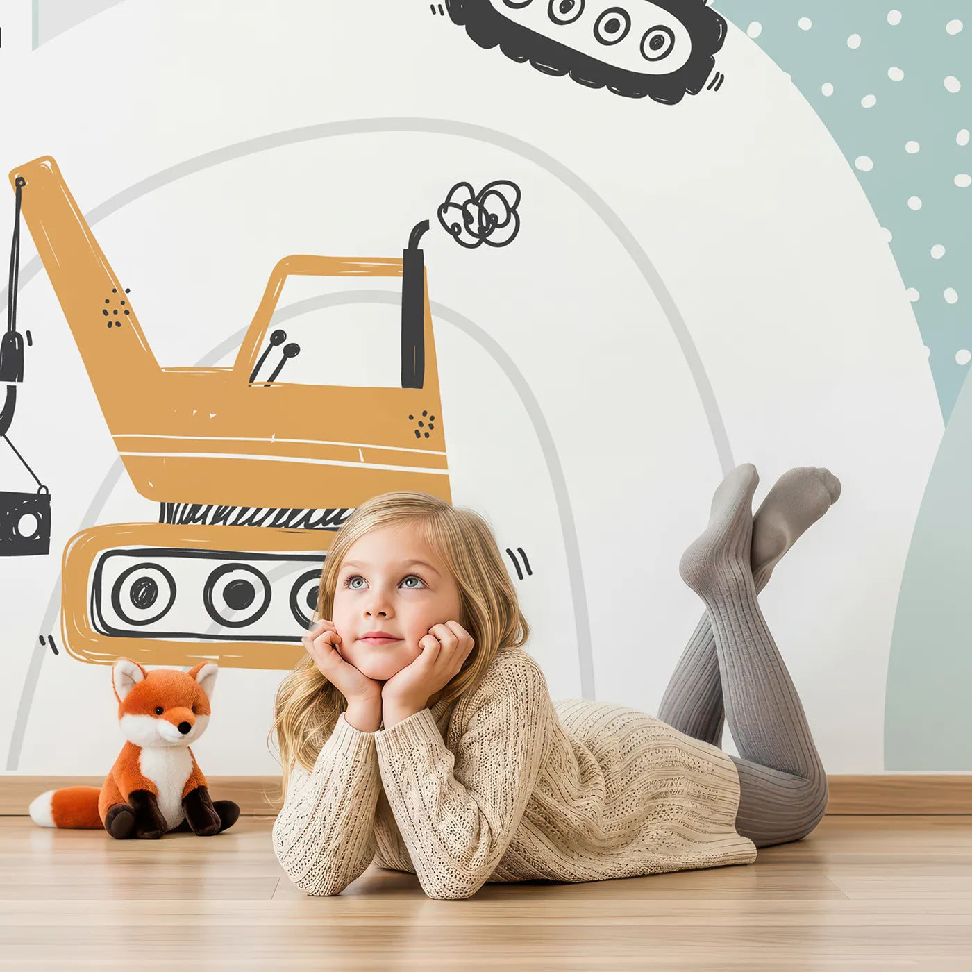 Child in front of Whimsy Tots Rainbow Construction Site Wall Mural with construction, truck, rainbow, cute, doodle, excavator, bulldozer, car in design.