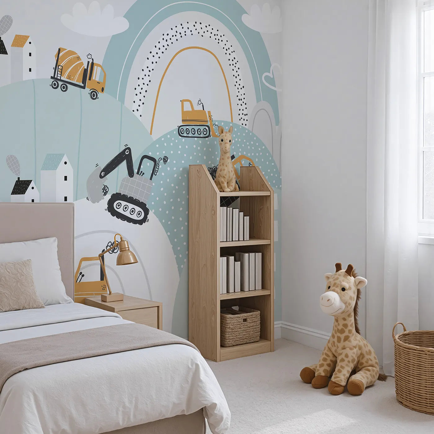 Angled view of Whimsy Tots' Rainbow Construction Site Wall Mural (Turn Their Room into the Happiest, Most Colorful Work Site).Best for Boys