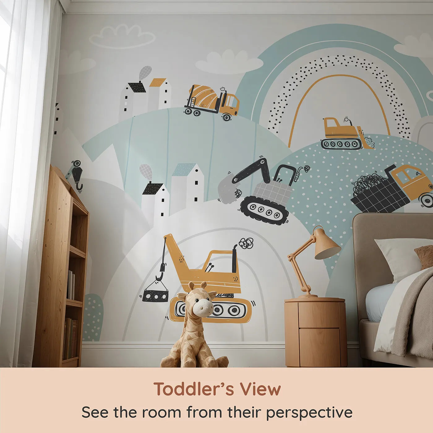 Whimsy Tots Rainbow Construction Site Wall Mural (Turn Their Room into the Happiest, Most Colorful Work Site) from your child's view.Best for Boys