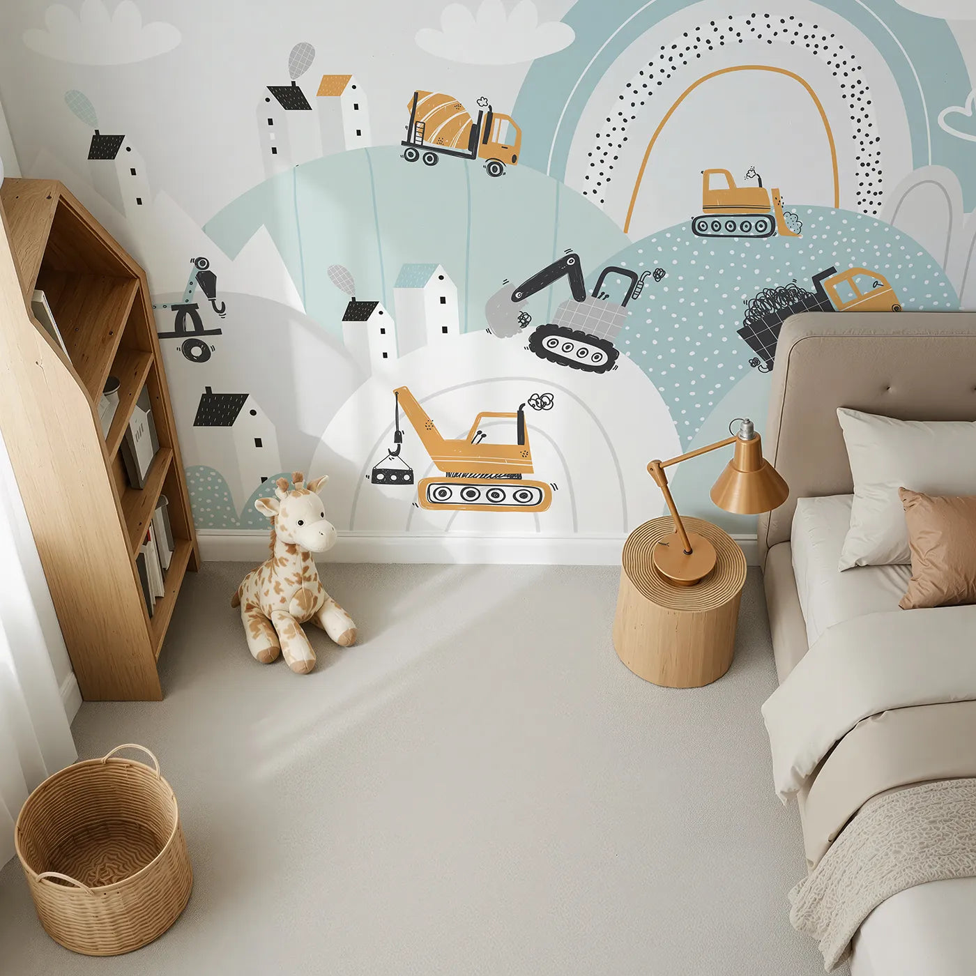 Top-down view of Whimsy Tots' Rainbow Construction Site Wall Mural (Turn Their Room into the Happiest, Most Colorful Work Site).Best for Boys