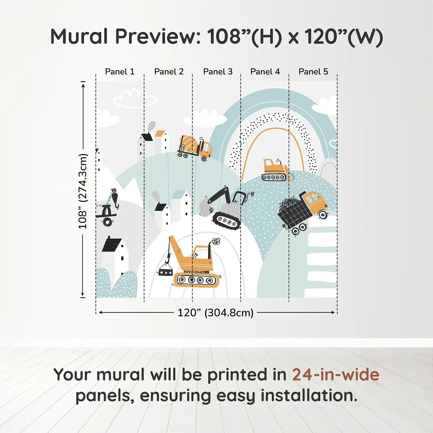Whimsy Tots Rainbow Construction Site Wall Muraldimension view (108" H x 120" W). Printed in five 24-inch-wide panels. Best for Boys