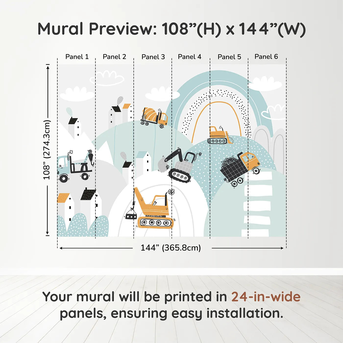 Whimsy Tots Rainbow Construction Site Wall Muraldimension view (108" H x 144" W). Printed in six 24-inch-wide panels. Best for Boys